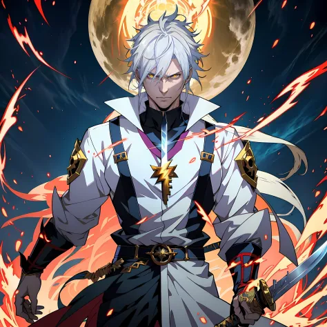 white-haired anime characters, yellow eyes and sword stand in front of lightning， detailed key anime art, white-haired god, key ...