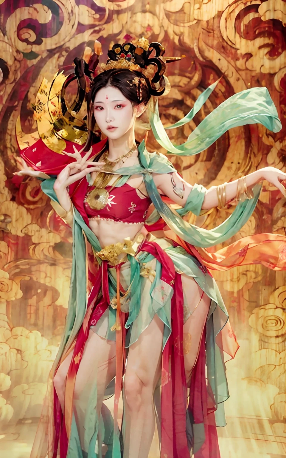 Belo antigo Yang Guifei，O rosto de Fan Bingbing，coque de cabelo，Cachecol decotado，Use um lenço de cinco cores，sem roupa íntima，，Tatuado com，Super alto，Super plus size，Corpo Lateral，Criado sexy，，Pose de dança voadora，construção curvilínea，Modelo plus size com bojo maciço ，Rosto chinês，Fundo Palácio Antigo，obra de arte，super detalhamento，16k