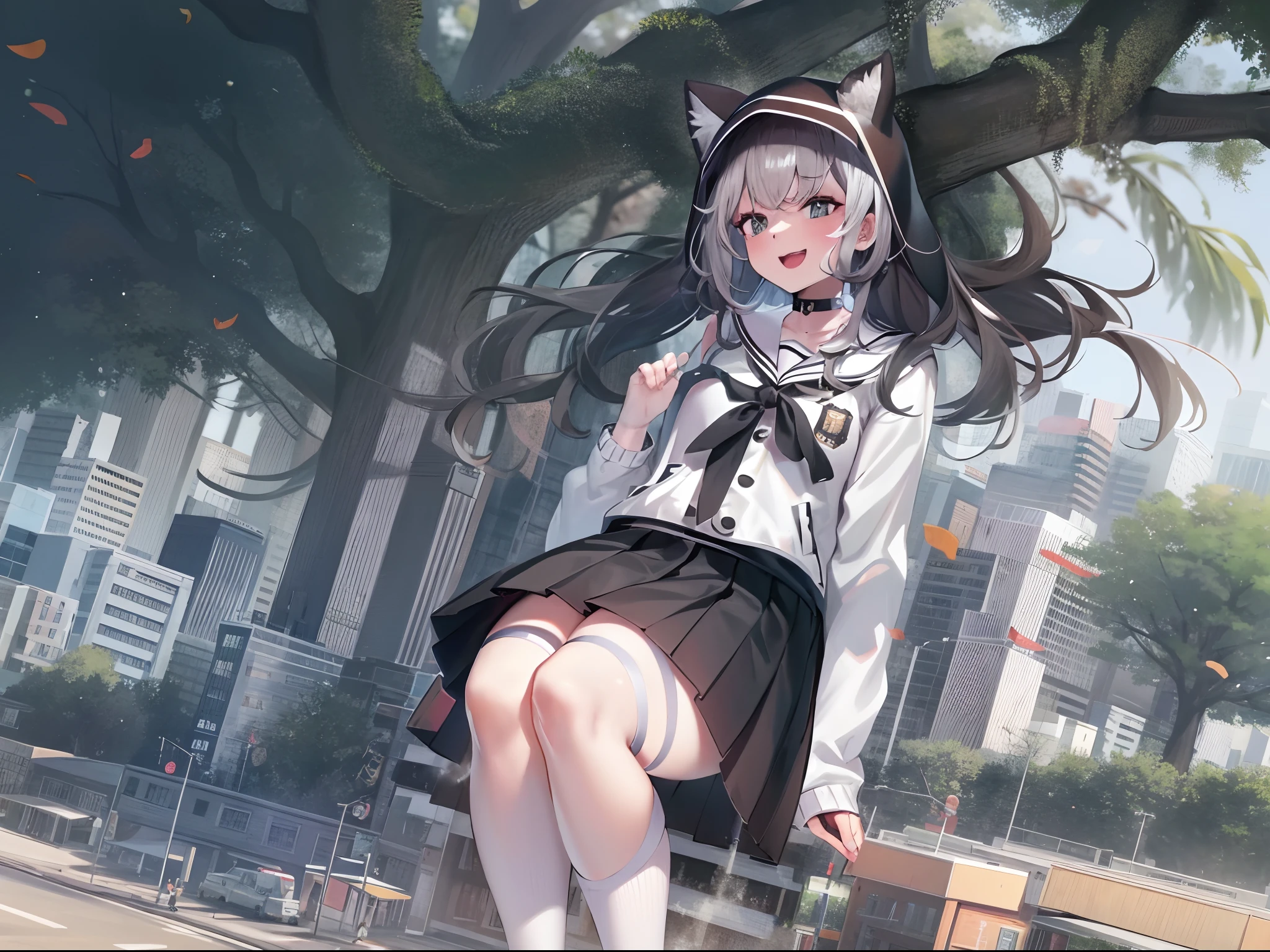 1girll, Two legs, Two hands, Bigger than the building, White jacket, Animal hood, White socks, Sneakers, Open jacket, Pleated skirt, Black skirt, Black sailor collar, Black choker, school uniform, Black shirt, puffy long sleeves, standing, Smile, Naughty, Anatomically correct, Textured skin, GTSCity