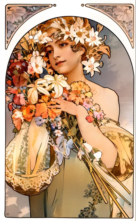 (Art Nouveau: 1.25), Minimalist Art Style, Neon Theme, Suprematism, Beautiful Detailed Flowers, Beautiful Detailed Eyes, Ultra Detailed, Flower, Super Mass, Eyes, Flowers and Hair Are the Same Color, Beautiful Color, Face, Her Hair is Turning into Flowers,...