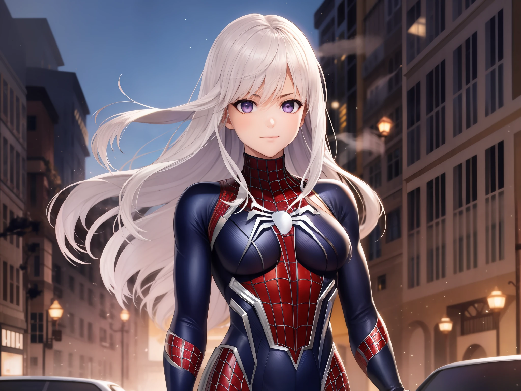 Enterprise con un traje detallado de Spider-Man,senos medianos,Superhero pose,De pie en la ciudad en ruinas,humo,Chispas,(8k),Scratches,primer plano,Cara detallada,cana,purple eyes,Cabello largo,avergonzado,small smile face,