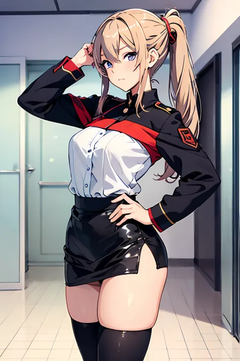 super hopt anime girl, standing, black military outfit, micro skirt, thigh high, thigh gap, side view, medium shoot,