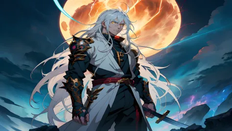 white long-haired anime character, yellow eyes and sword stand in front of lightning， detailed key anime art, white-haired god, ...