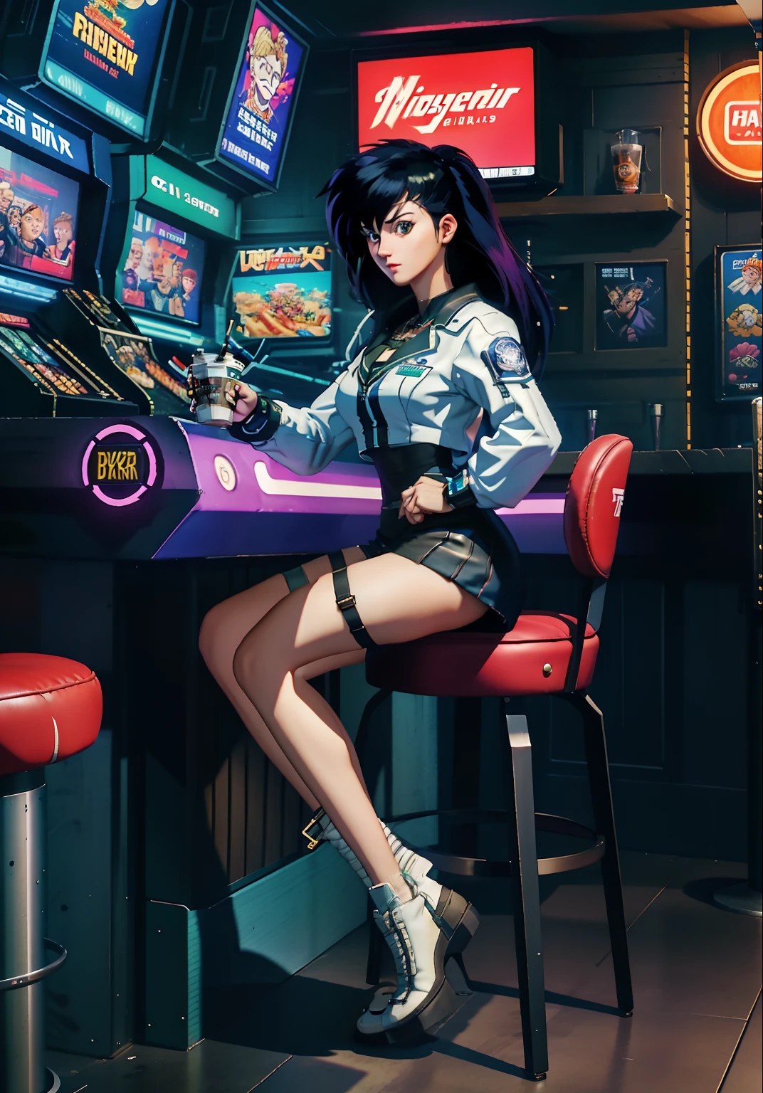 masterpiece, best quality, toon,3d, cyberpunk, arcade, bar, coffee shop