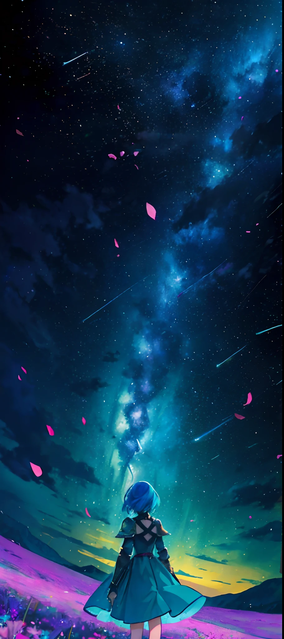 1girl, distant girl, wearing a teal dress armor, with a rainbow colored hair, staring at the stars, (zoomed out:1.1), (meteor shower:1.2), (comet:1.1), low angle, from behind, aurora borealis, shooting star, surrounded by flowers petals, standing in a field, best quality, masterpiece, cloud, colorful, starry, stars