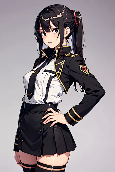 super hopt anime girl, standing, black military outfit, micro skirt, thigh high, thigh gap, side view, medium shoot,