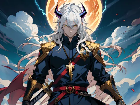 white long-haired anime character, yellow eyes and sword stand in front of lightning， detailed key anime art, white-haired god, ...