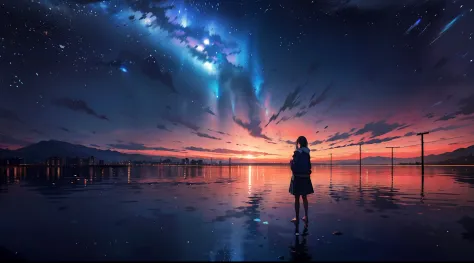 （（best qualtiy））， （（tmasterpiece））， （（Long-range shots）），early evening， A woman who is，Stand in the salt lake，The surface of the water is like a mirror，Reflecting the sky。Look at the sky，The Milky Way is in the sky。