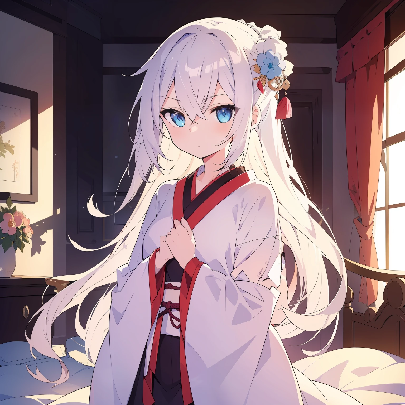 1 people)(((best quality))),(((ultra detailed))),(((masterpiece))),illustration," "white hair","blank expression","hanfu","in a bedroom"