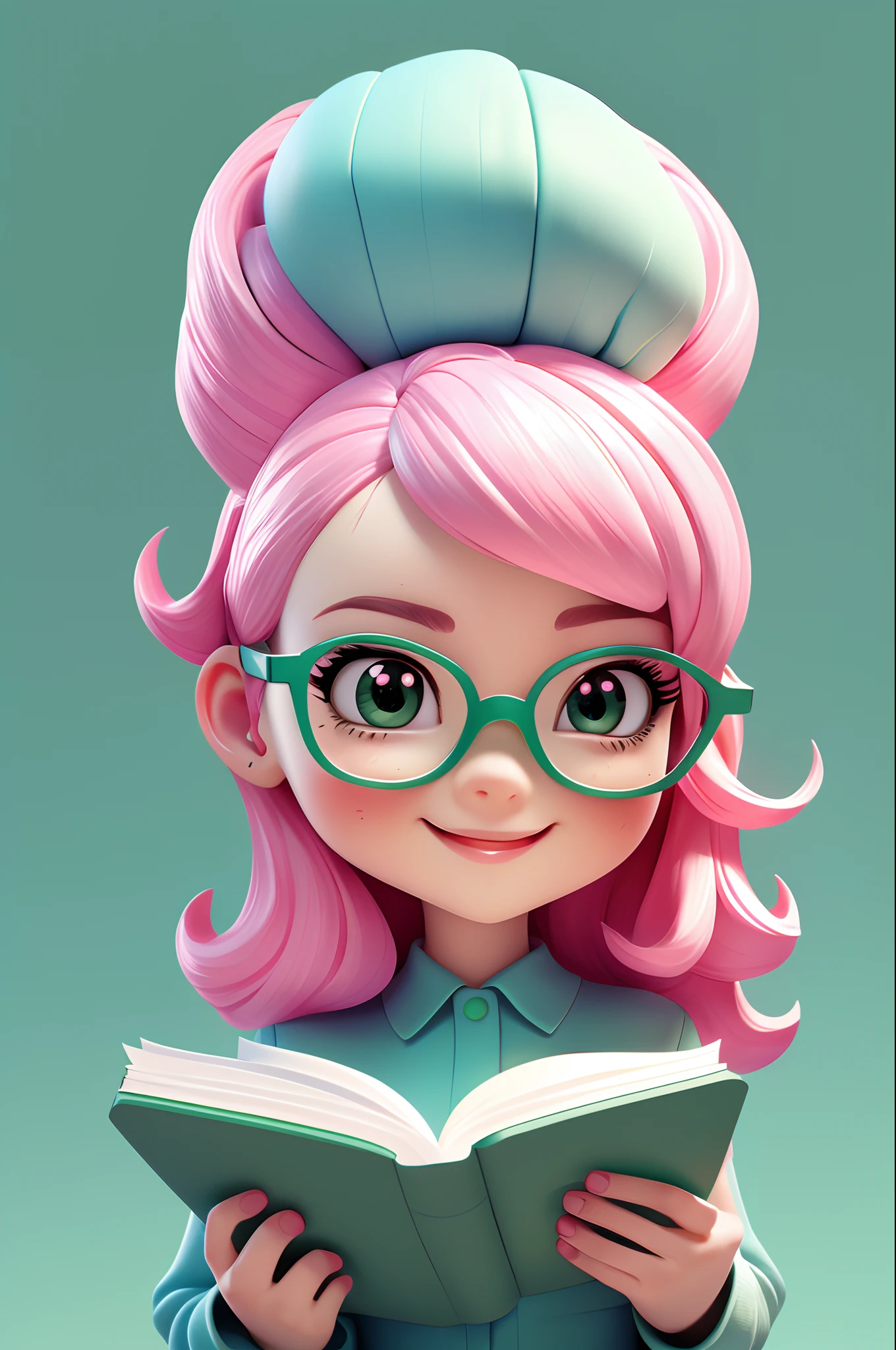 estilo chibi, cabello rosado, Traje cian, lindo, sonrisa, niña leyendo un libro mientras usa gafas, Obra maestra, Estilo 3DM, mirar al espectador, (((fondo sencillo))), (((fondo sólido verde)))