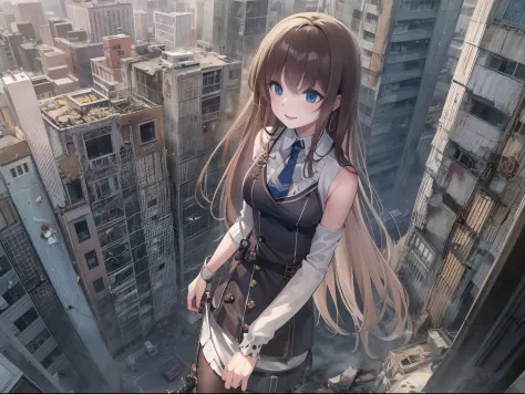1girll, Solo, 50 meters high, Bigger than the building, Long hair, Brown hair, bangs, Blue eyes, wearing modern gothic clothes, ...