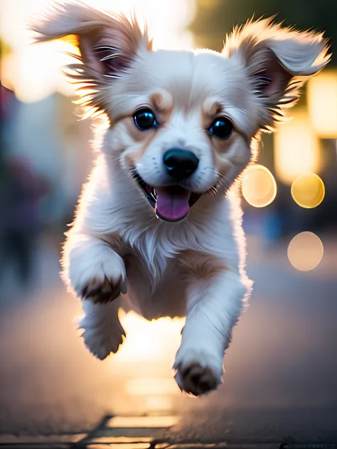 Close-up photo of a very cute jumping puppy on the street, white, soft volumetric light, (backlight: 1.3), (movie: 1.2), intricate details, (ArtStation: 1.3), Rutkowski