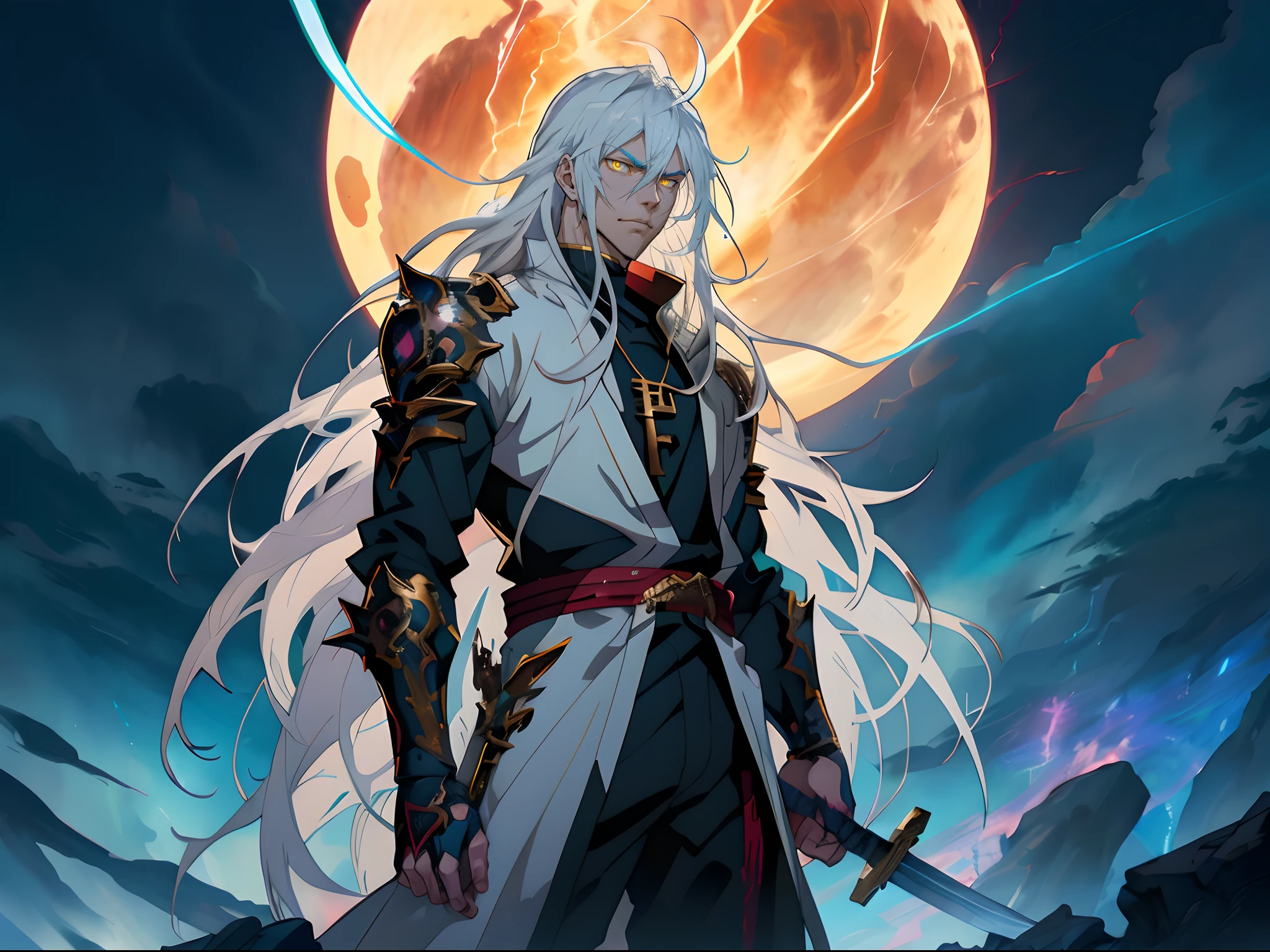 White long-haired anime character, Yellow eyes and sword stand in front of Lightning， Detailed key anime art, White-haired god, Key anime art, detailed anime character art, shadowverse style, handsome guy in demon killer art, full art, rimight, high detailed official artwork, Detailed digital anime art, casimir art, offcial art, detailed anime art, the former demon king