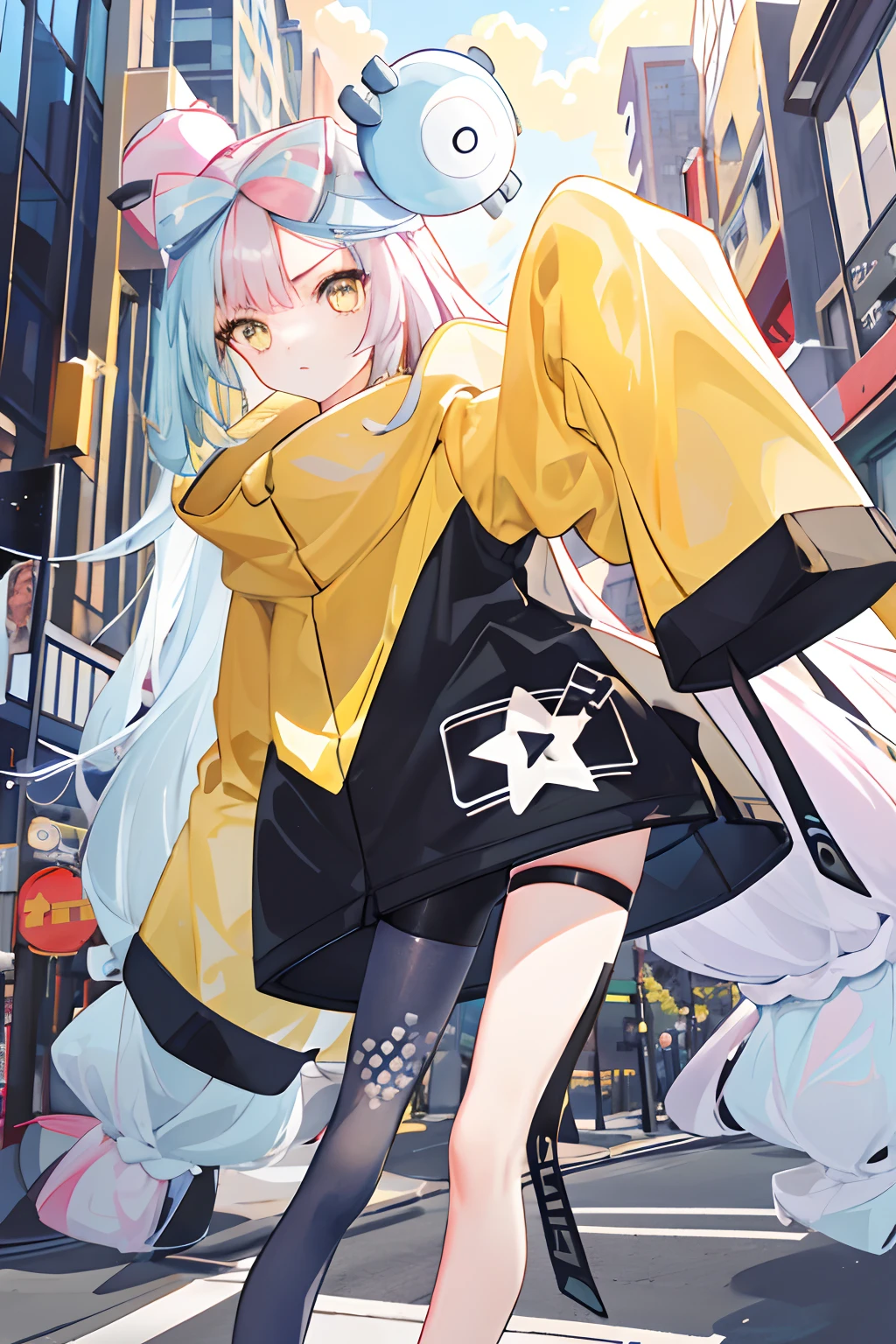 tmasterpiece，best qualtiy，A high resolution，IONO1，1girll，long whitr hair，Yellow jacket，street corner，longer sleeves，cowboy lens，leaning-forward，pointing at viewers，Only the left leg does not have the right leg