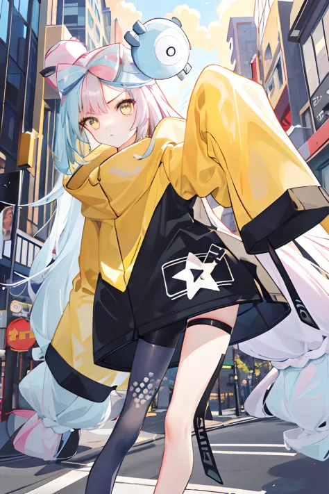 tmasterpiece，best qualtiy，a high resolution，iono1，1girll，long whitr hair，yellow jacket，street corner，longer sleeves，cowboy lens，...