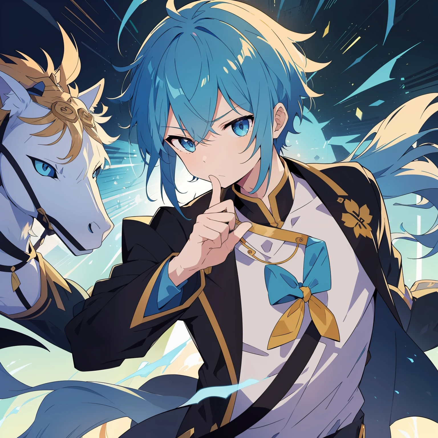 Anime girl with blue hair and a horse in the background - SeaArt AI