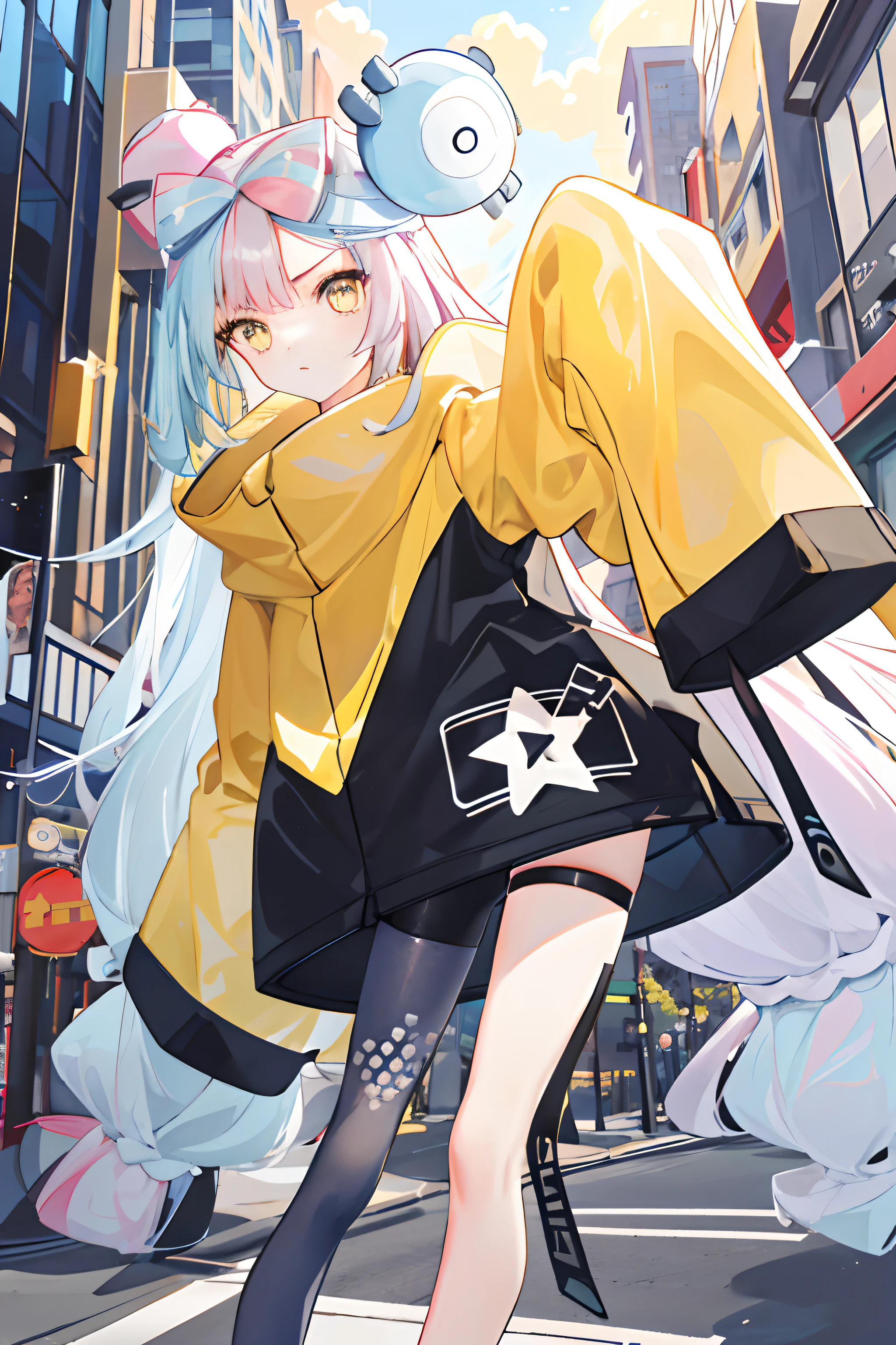 tmasterpiece，best qualtiy，A high resolution，IONO1，1girll，long whitr hair，Yellow jacket，street corner，longer sleeves，cowboy lens，leaning-forward，pointing at viewers，Only the left leg does not have the right leg