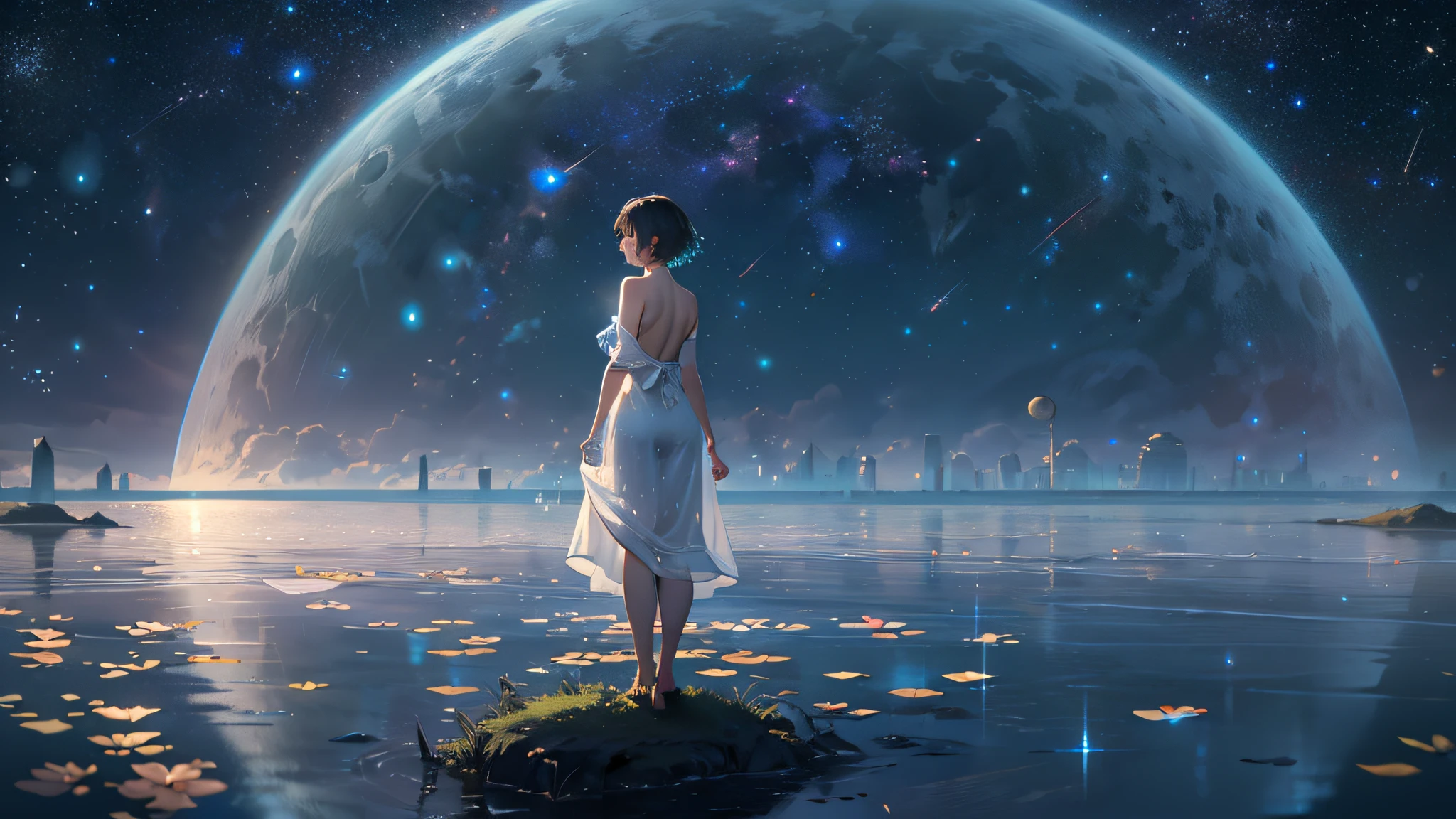 (Best quality), (masterpiece), (photorealistic), (realistic), ultra-detailed, unity 8k wallpaper, extremely detailed CG, ray tracking, sharp shadows, wonderful details, depth of field, Ultra detailed background, (background oriented, Horizon, reflection), starry sky twinkling in the fullness of the sky, Lots of water bubbles floating around. quiet night, midnight, wide shot, shot from the grand, back shot, from below, perfect lighting, panoramic view, dynamic shot, (1 girl, green short hair, white Slip Dress, standing):0.8, standing water's surface, Full body, distant view, face not visible, looking far away, nature spreading out, no civilization in sight, no buildings,