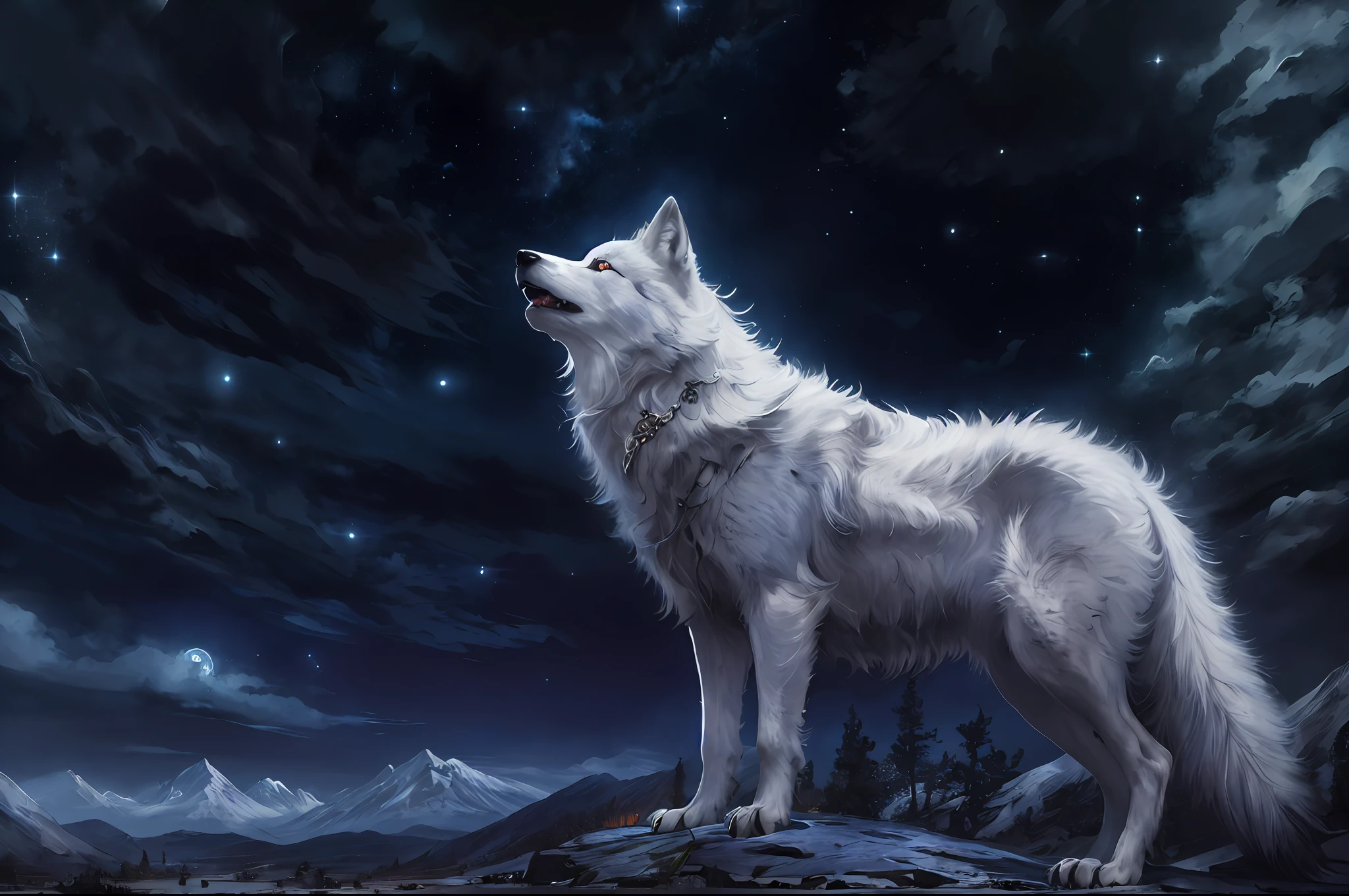 Detalles altos, mejor calidad, 8k, [Ultra detallado], Obra maestra, mejor calidad, arte gótico, Fantasía oscura, (Ultra detallado), cuerpo completo, tiro ultra amplio, photorealism, an epic white wolf clamoroso to the starry cielo nocturno, gran lobo blanco épico , piel blanca (Ultra detallado, Obra maestra, mejor calidad), clamoroso, ojos rojos  (Ultra detallado, Obra maestra, mejor calidad), cielo nocturno, Fondo nocturno estrellado (Ultra detallado, Obra maestra, mejor calidad,