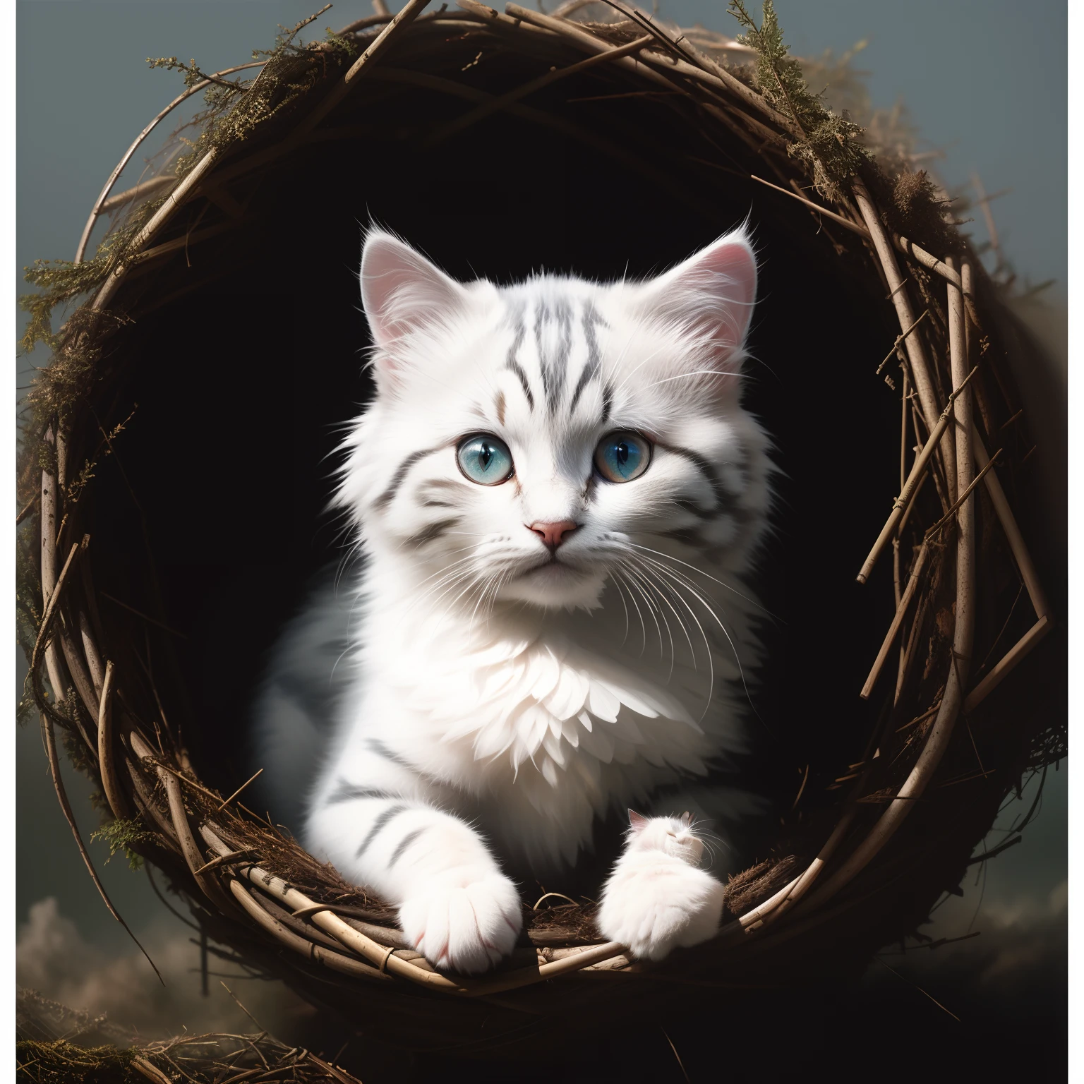 There is a white cat sitting in a nest with blue eyes - SeaArt AI