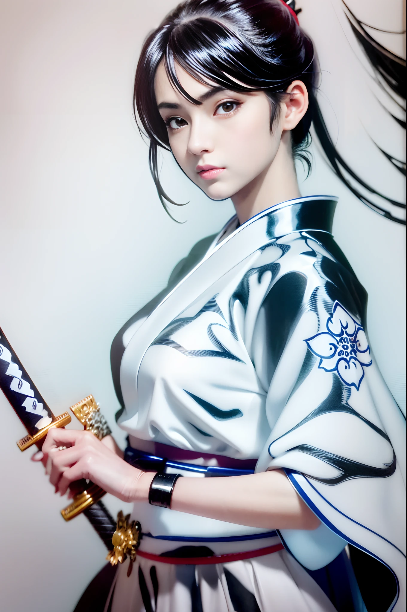 closeup of a woman, holding a sword in a black-and-white drawing, shohei otomo, katana, masayoshi suto and artgerm, she is holding a katana sword, unsheathing her katana, female samurai, inspired by Masamune Shirow, KUNOICHI, inspired by Harumi Hironaka