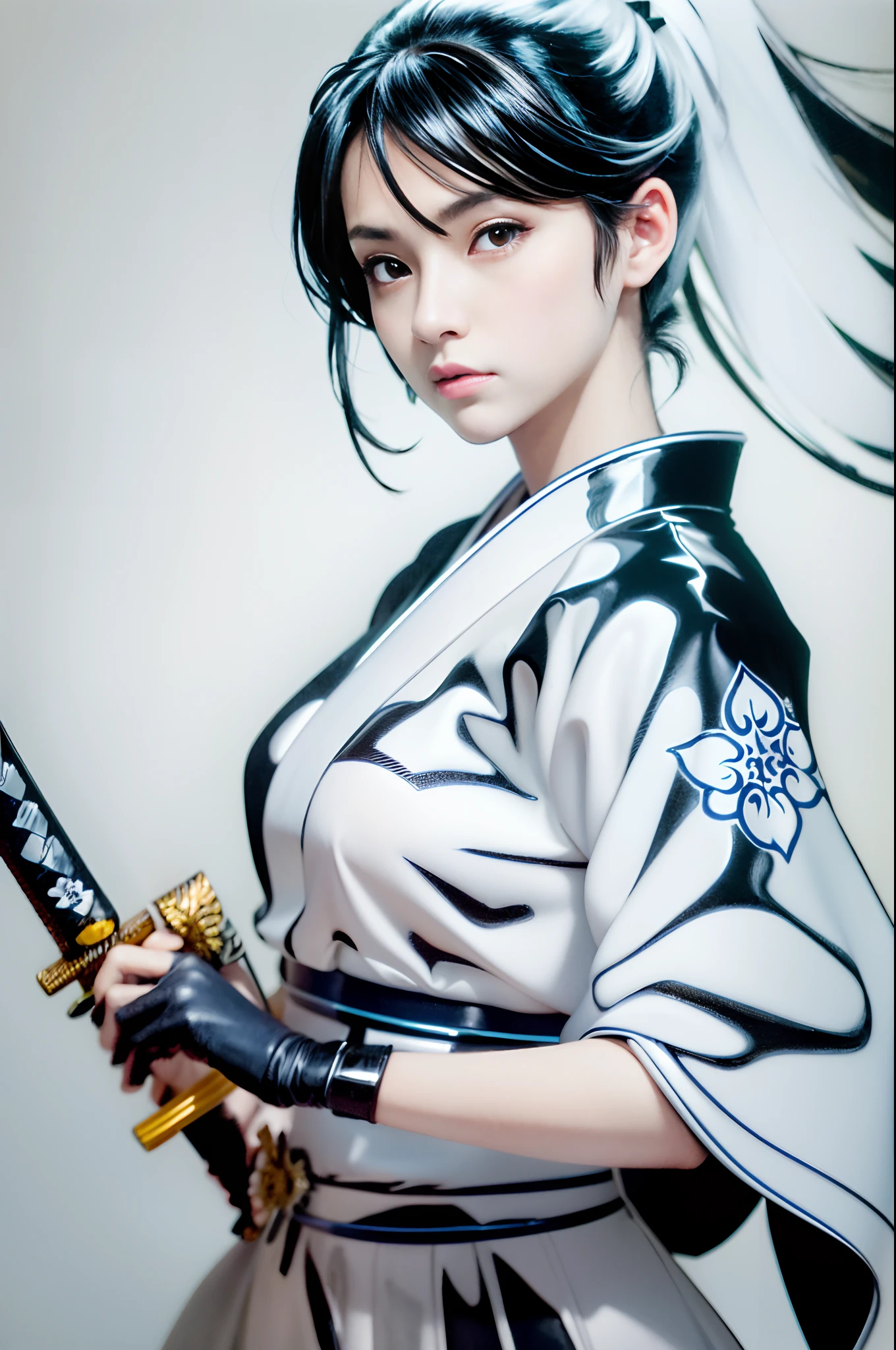 closeup of a woman, holding a sword in a black-and-white drawing, shohei otomo, katana, masayoshi suto and artgerm, she is holding a katana sword, unsheathing her katana, female samurai, inspired by Masamune Shirow, KUNOICHI, inspired by Harumi Hironaka