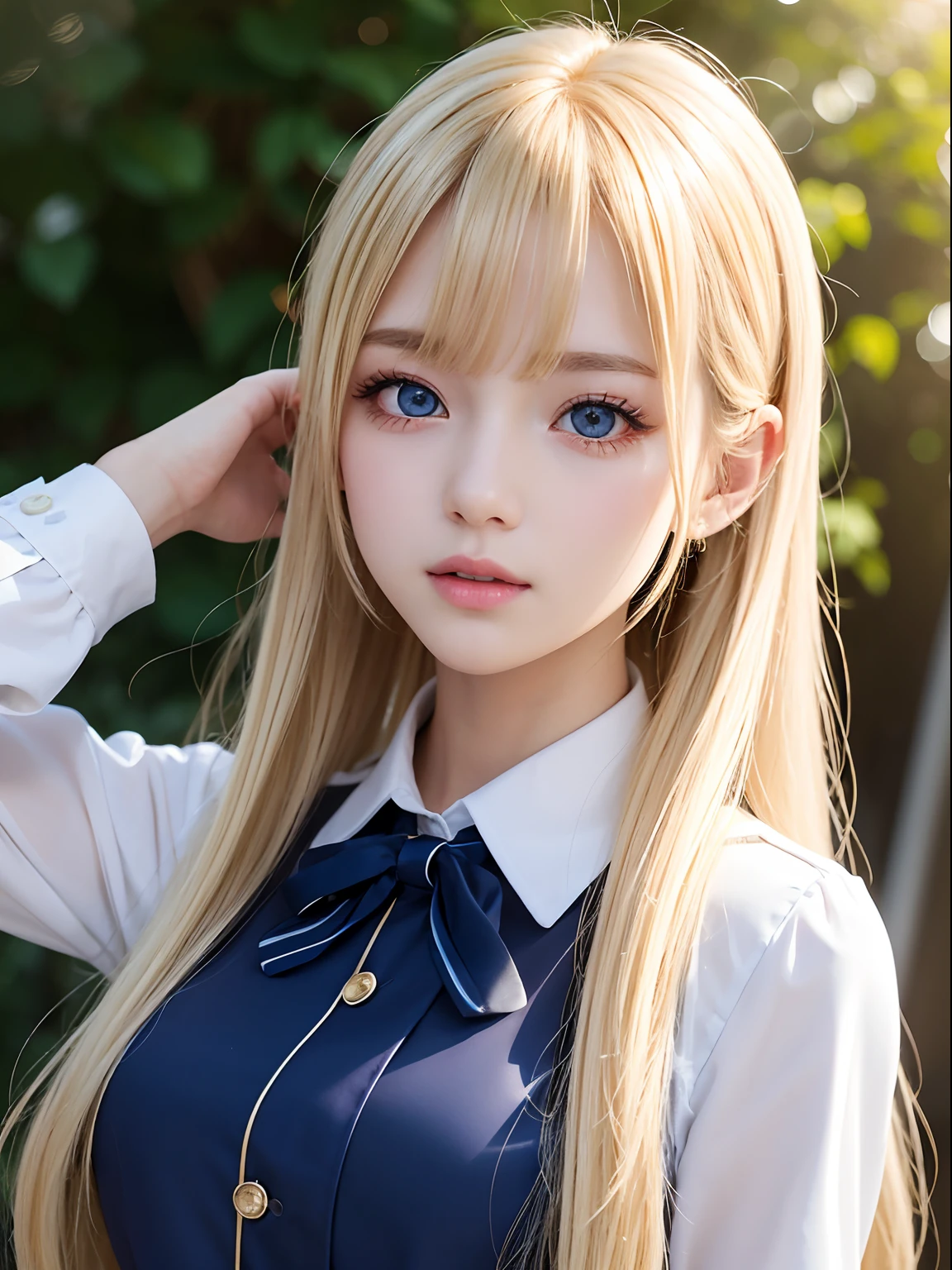 portlate、School Uniforms、bright expression、poneyTail、Young shiny shiny white shiny skin、Best Looks、Blonde reflected light、Blonde hair with dazzling highlights、shiny light hair,、Super long silky straight hair、Beautiful bangs that shine、Glowing crystal clear attractive big blue eyes、Very beautiful nice cute 16 year old girl、Lush bust