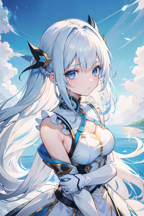 Extreme graphics，whaite hair，long whitr hair，teens girl，side looking，Blue eyes，Flushed cheeks，is shy，Under the blue sky，Artistic picture，Look into the distance，Affectionate look，Bust，starrysky，White dress，Poor milk，Chestless clothing，Face to the right，