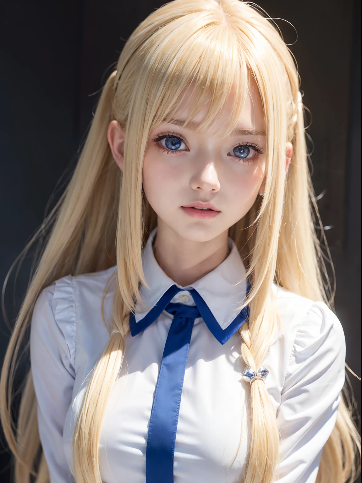 portlate、School Uniforms、bright expression、poneyTail、Young shiny shiny white shiny skin、Best Looks、Blonde reflected light、Blonde hair with dazzling highlights、shiny light hair,、Super long silky straight hair、Beautiful bangs that shine、Glowing crystal clear attractive big blue eyes、Very beautiful nice cute 16 year old girl、Lush bust