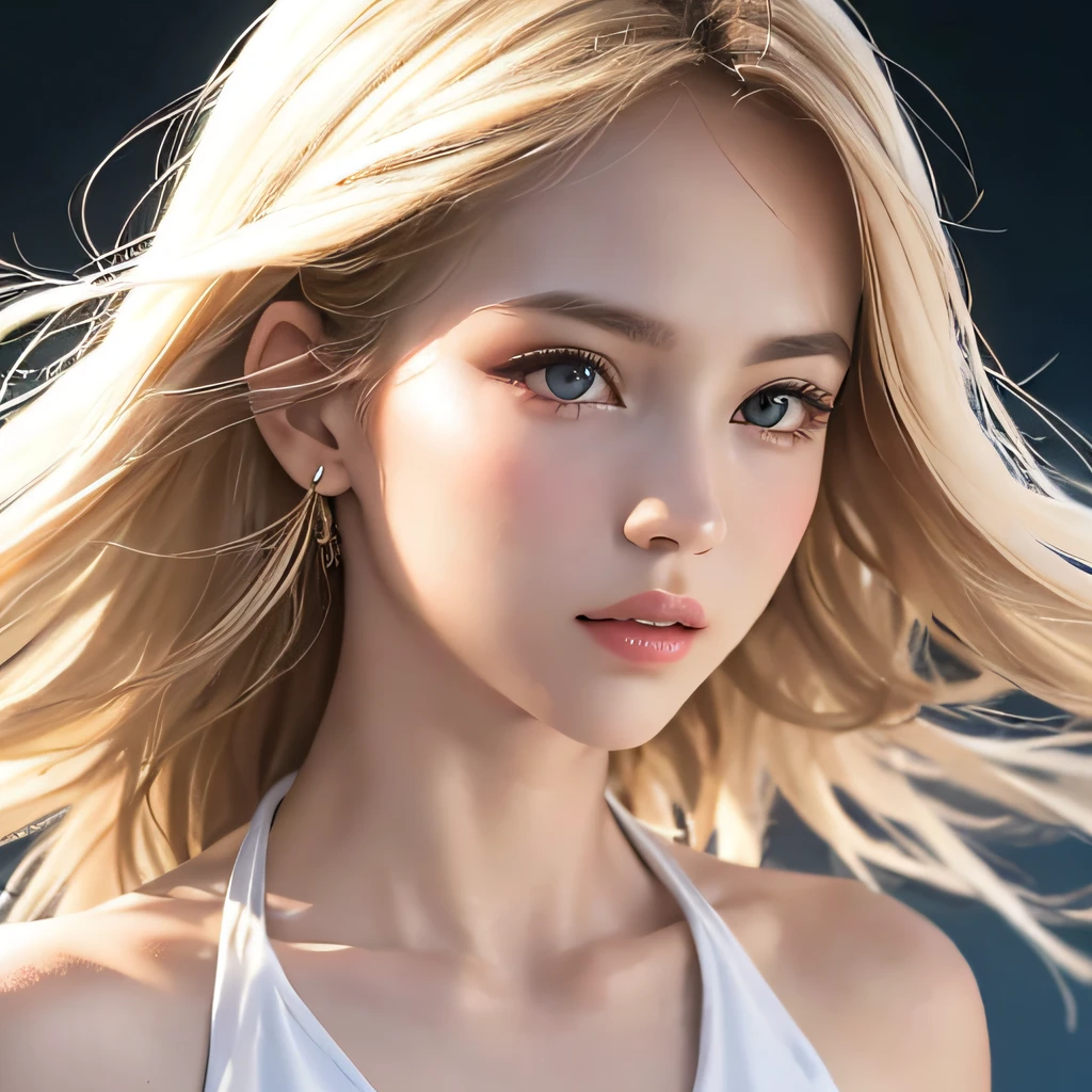 (8K, RAW Photos, of the highest quality, Masterpieces: 1.2), (Realistic, Photorealistic: 1.37), Highest Quality, Ultra High Resolution, light  leaks, Dynamic lighting, Slim and smooth skin, (Full body:1.3), (Soft Saturation: 1.6), (Fair skin: 1.2), (Glossy skin: 1.1), Oiled skin, 22 years old, Night, shiny white blonde, Well-formed, Hair fluttering in the wind, Close-up shot of face only, Physically Based Rendering, From multiple angles, The bikini