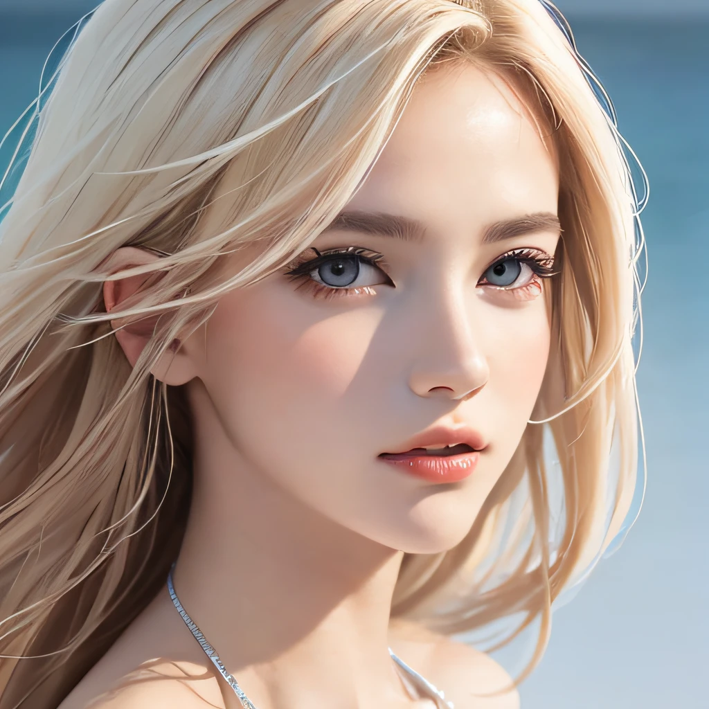 (8K, RAW Photos, of the highest quality, Masterpieces: 1.2), (Realistic, Photorealistic: 1.37), Highest Quality, Ultra High Resolution, light  leaks, Dynamic lighting, Slim and smooth skin, (Full body:1.3), (Soft Saturation: 1.6), (Fair skin: 1.2), (Glossy skin: 1.1), Oiled skin, 22 years old, Night, shiny white blonde, Well-formed, Hair fluttering in the wind, Close-up shot of face only, Physically Based Rendering, From multiple angles, The bikini