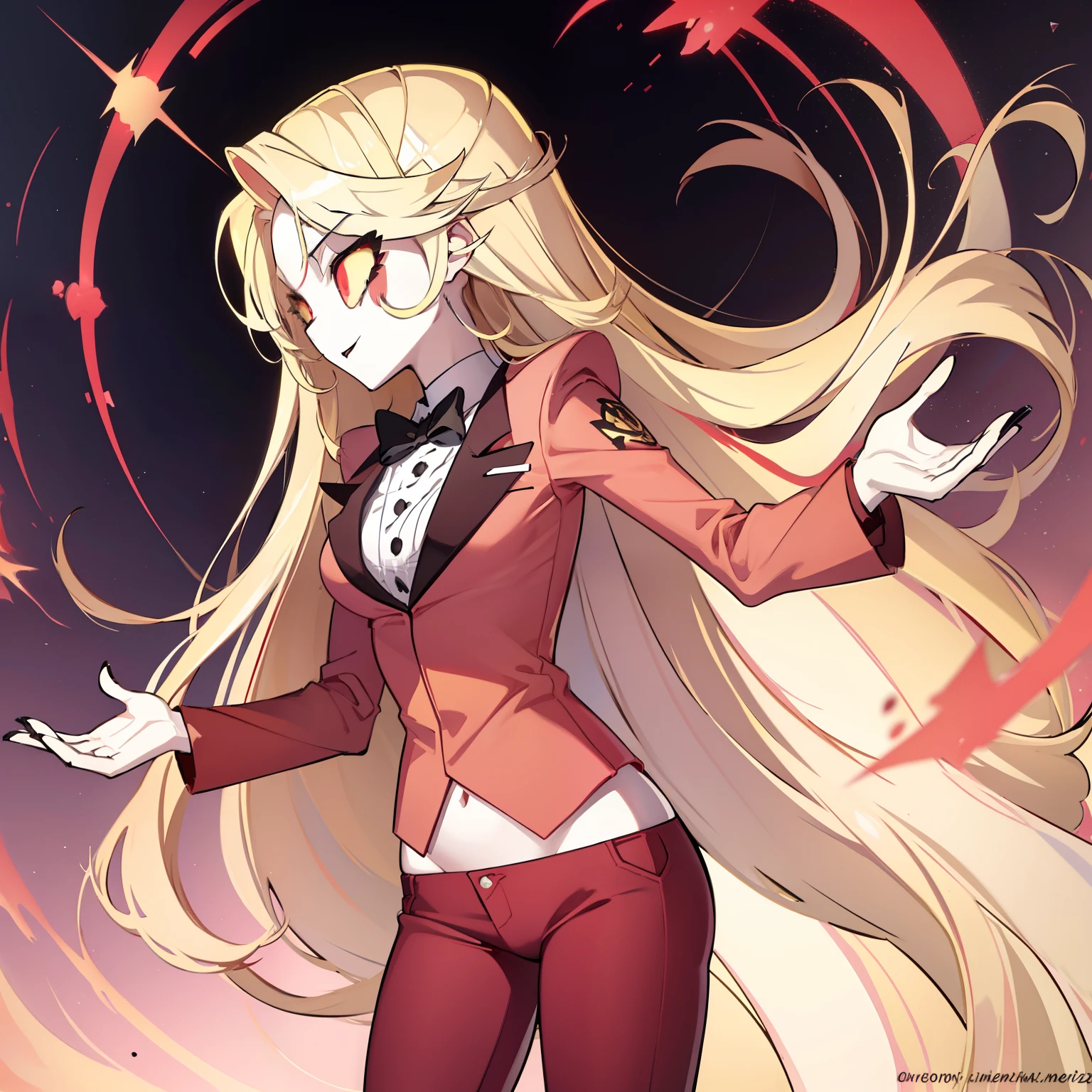 Charlie Morningstar, long hair, red suit, red pants, 1girl, yellow sclera, blonde hair, white skin, perfect anatomy, fgo sprite, better hands