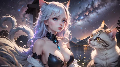 "An alluring cat girl captivated by the serene night, engulfed in the enchanting splendor of a celestial constellation and the mesmerizing beauty of the Milky Way.", masterpiece, cinematic lighting, dramatic feeling, expressive, animal ears, mesmerizing ey...