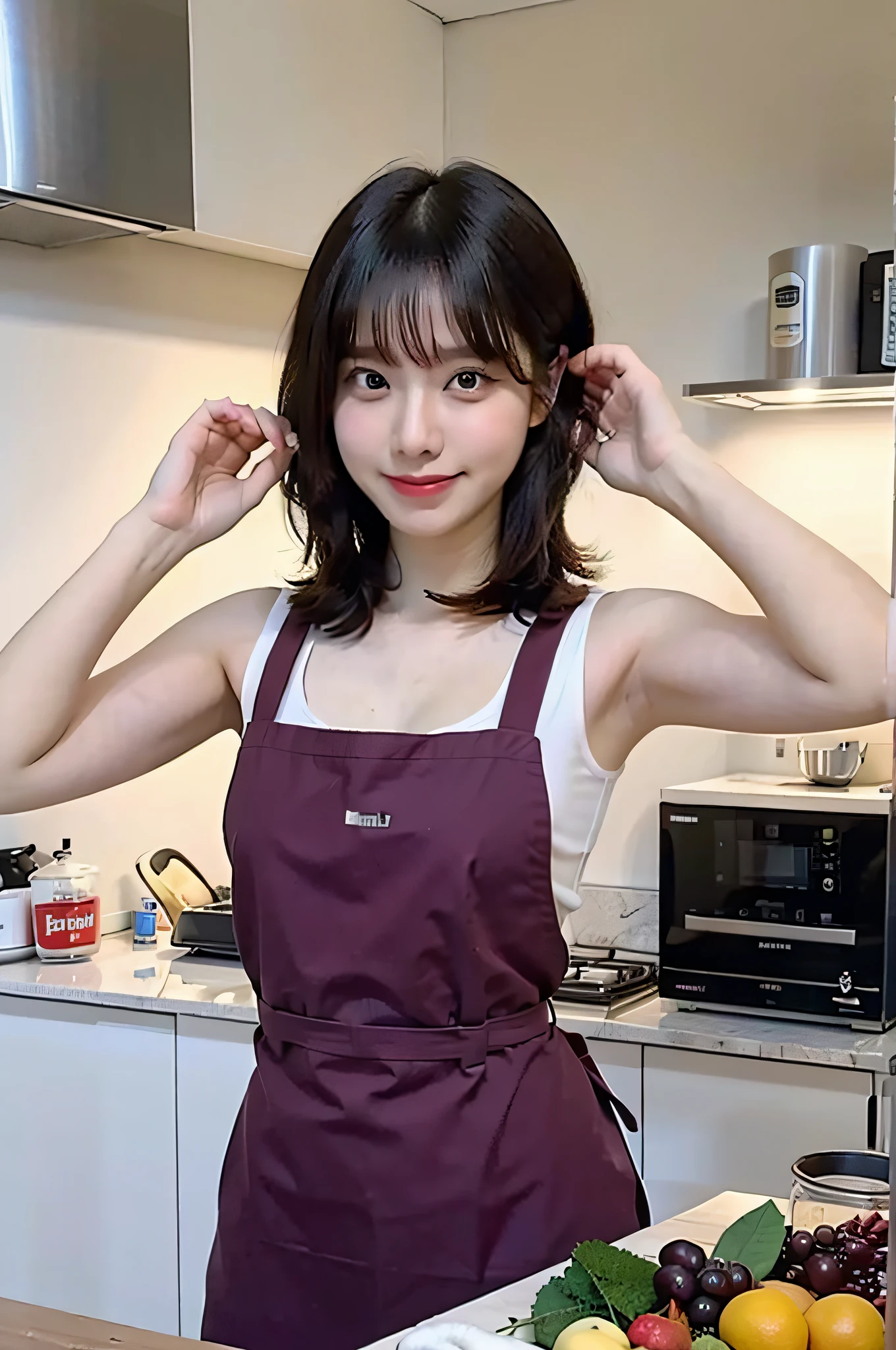 A woman cooking、(kitchin_aprons:1.Wear 3)、nice hand、4K、A high resolution、tmasterpiece、top-quality、wear cap:1.3、((hasselblad photograph))、Fine skin、sharp focus、(lighting like a movie)、Soft lighting、dynamic ungle、[:(Detailed face:1.2):0.2]、Medium chest、Sweat runs down the skin:1.2、(((In the kitchen))) Cute smile　Viewer's perspective　Colossal tits　tying  hair　Sleeveless　Extend your upper arm　Shoulders sticking out　cleanness　big kitchen　Beautiful kitchen　Wine glasses　posterior view　Behind　backs