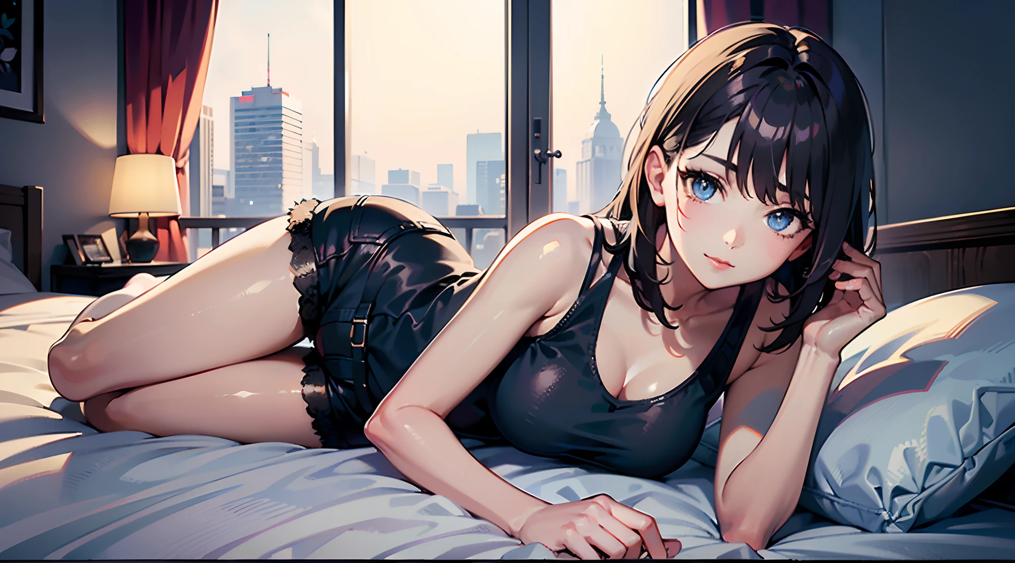 (Masterpiece, top quality, super detailed CG, ultra detailed beautiful face and eyes,super detailed, intricate details:1.2), 8k wallpapers, elaborate features,
(1 person, solo:1.4)perfect cartoon illustration,(1 person, solo:1.4) 1 girl, (black tank top: 1.4), (black shorts: 1.3), love hotel, big bed, lying on bed, night, window, clean night view, full body illustration