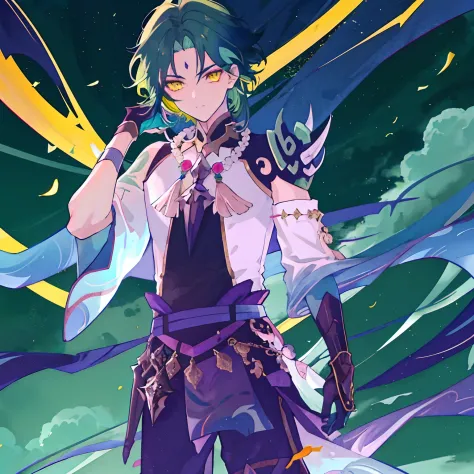 1boys，Dark green hair，Best quality at best，tmasterpiece，Extrem，yellow eyes，malefocus，beautidful eyes，There are a lot of clouds，Flowing colors，themoon，Holding a weapon