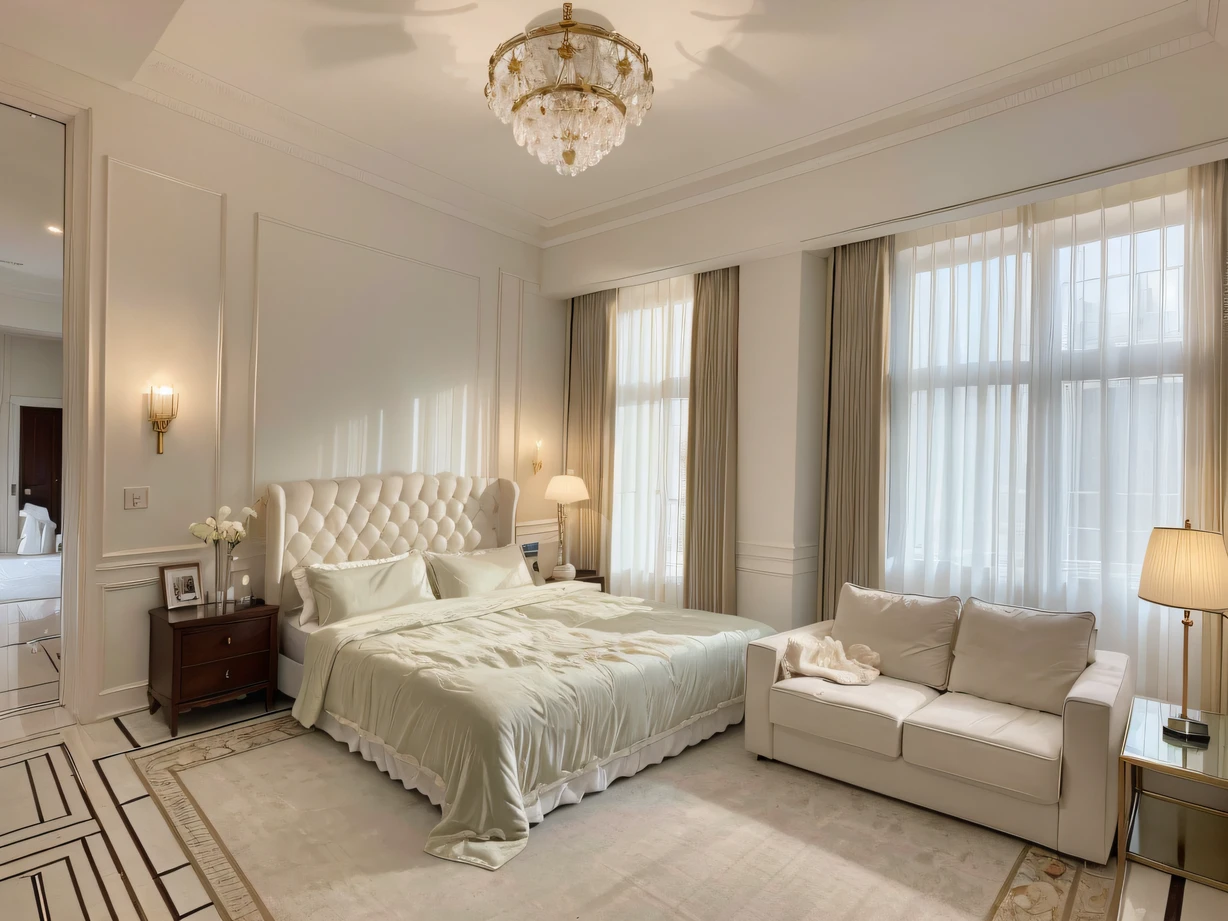 ，Masterpiece, Best quality，8K, 超高分辨率，Reallightandshadow，（Realiy，realisticlying)，Step into this bedroom，It's like entering a fantastic world。Delicate velvet curtains flutter gently，It is set against the backdrop of a classical bed of the nobility。The bed was piled with soft duvets and silk throw pillows，Instantly immerse yourself in comfort。The wall lamp emits a soft light，Illuminate every corner of the room。Over here，You can completely relax，Enjoy supreme tranquility and warmth。