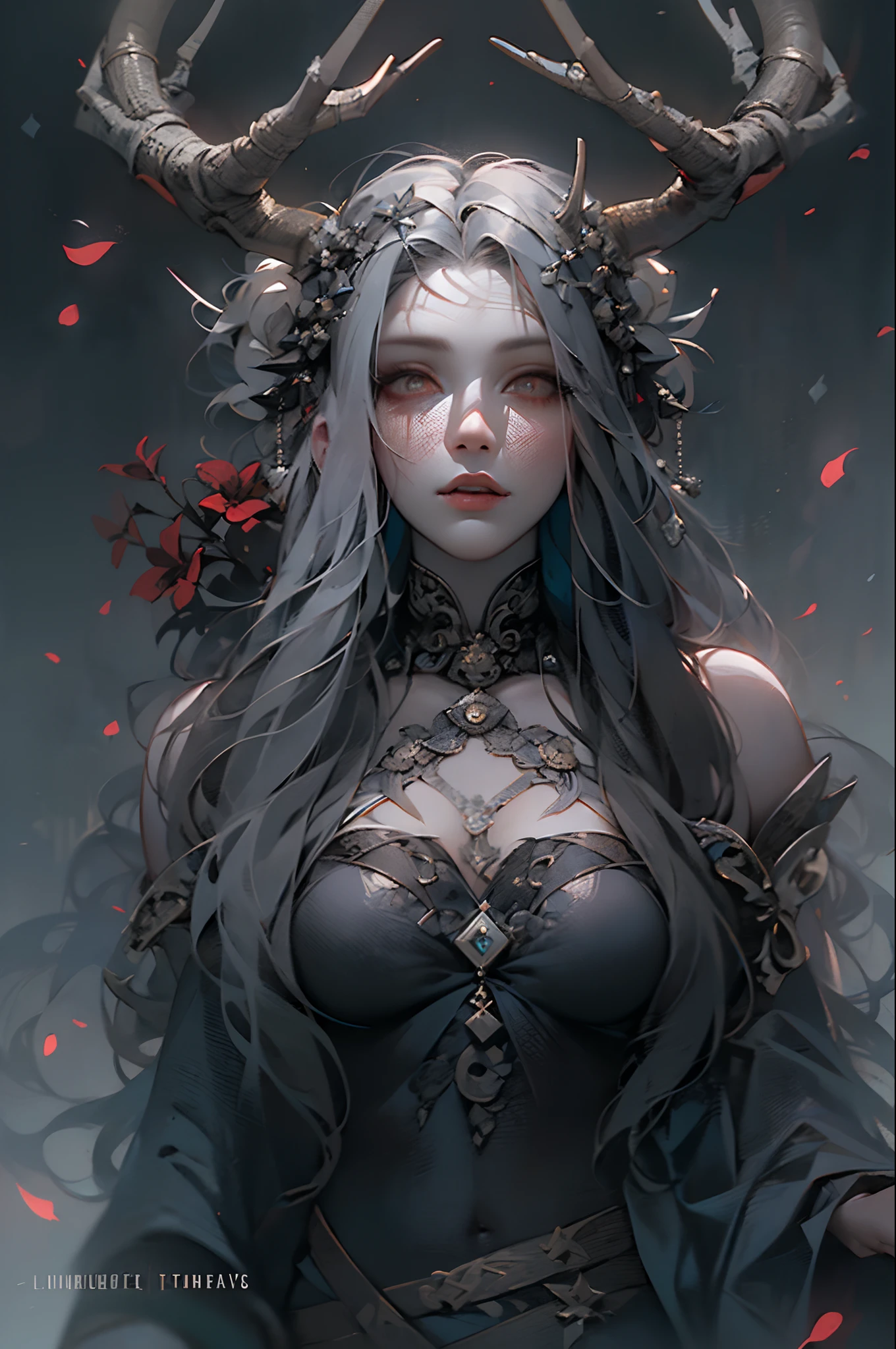 (Masterpiece: 1.2), (Gloomy color scheme), Beauty with long gray hair, Realistic eyes, beatiful face, Beautiful girl with a perfect body, Druid, with large deer antlers on the head, long straight hair, Flowers, entwined with branches, (The body is wrapped in black bandages), 8K high-quality detailed graphics, ((perfect anatomy)), stunning digital illustration, (Body symmetry: 1.2), Upper torso. Gray gloomy background, Dark Forest. Gloomy and hopeless, Dark dramatic lighting, vignette, Depth of field.