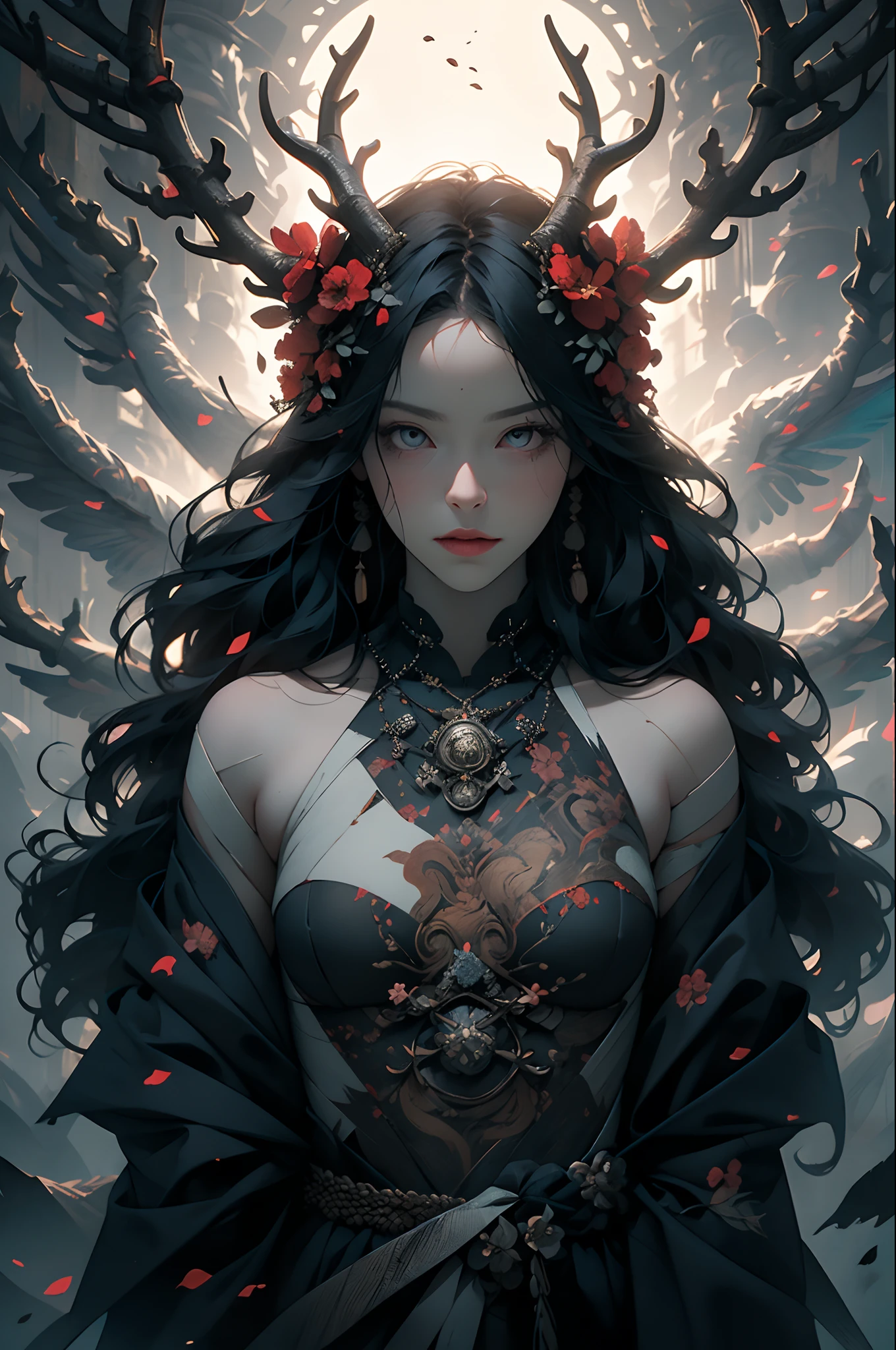 (Masterpiece: 1.2), (Gloomy color scheme), Beauty with long gray hair, Realistic eyes, beatiful face, Beautiful girl with a perfect body, Druid, with large deer antlers on the head, long straight hair, Flowers, entwined with branches, (The body is wrapped in black bandages), 8K high-quality detailed graphics, ((perfect anatomy)), stunning digital illustration, (Body symmetry: 1.2), Upper torso. Gray gloomy background, Dark Forest. Gloomy and hopeless, Dark dramatic lighting, vignette, Depth of field.