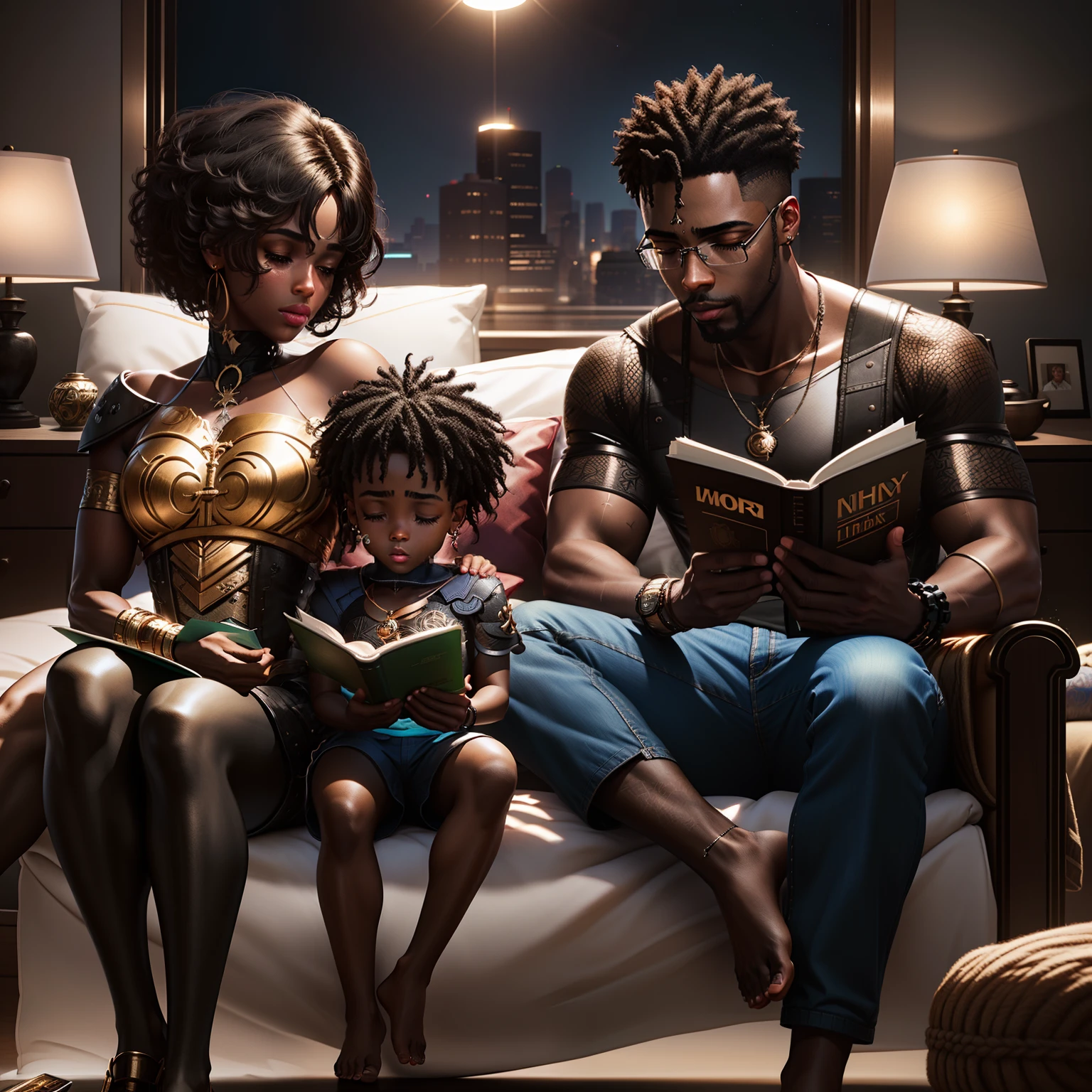 رجل أسود وامرأة سوداء يقرأان قصة وقت النوم لصبي أسود نائم, صورة واقعية, 8 كيلو, الترا اتش دي, تم تقديم محرك غير واقعي, الإضاءة السينمائية, اسلوب ارطغرم