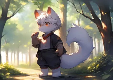 Libido boy，furry wolf，((Shota)), Black and white hair, Very good figure, Handsome，adolable, Light：Extreme light and shadow, Reflective skin,Reddish skin，((worn-out clothing，Commoner)) ，((Deep in the forest，Stone path，Signs，独奏，solo person))，Outdoor sunset，(...