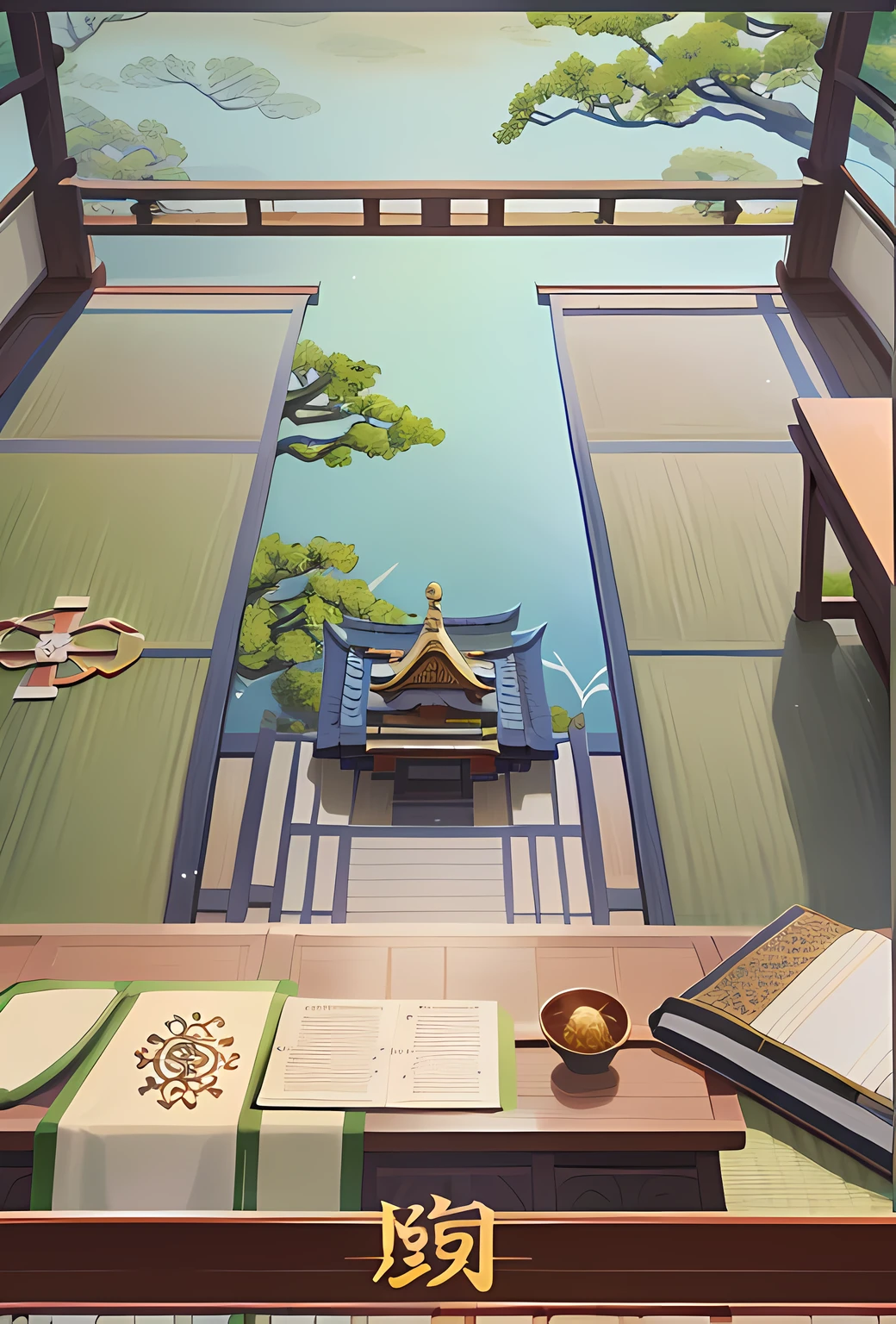 There is a table，There is a book and a pen on it, interior background art, Relaxing concept art, Zen temple background, game screenshot, Onmyoji detailed art, arte de fundo, Detailed scenery —width 672, game footage, Japanese style painting, immensely detailed scene, inspired by Tani Bunchō, game screenshot，Works of masters，hyper-detailing，Overlooking，tatami mats，