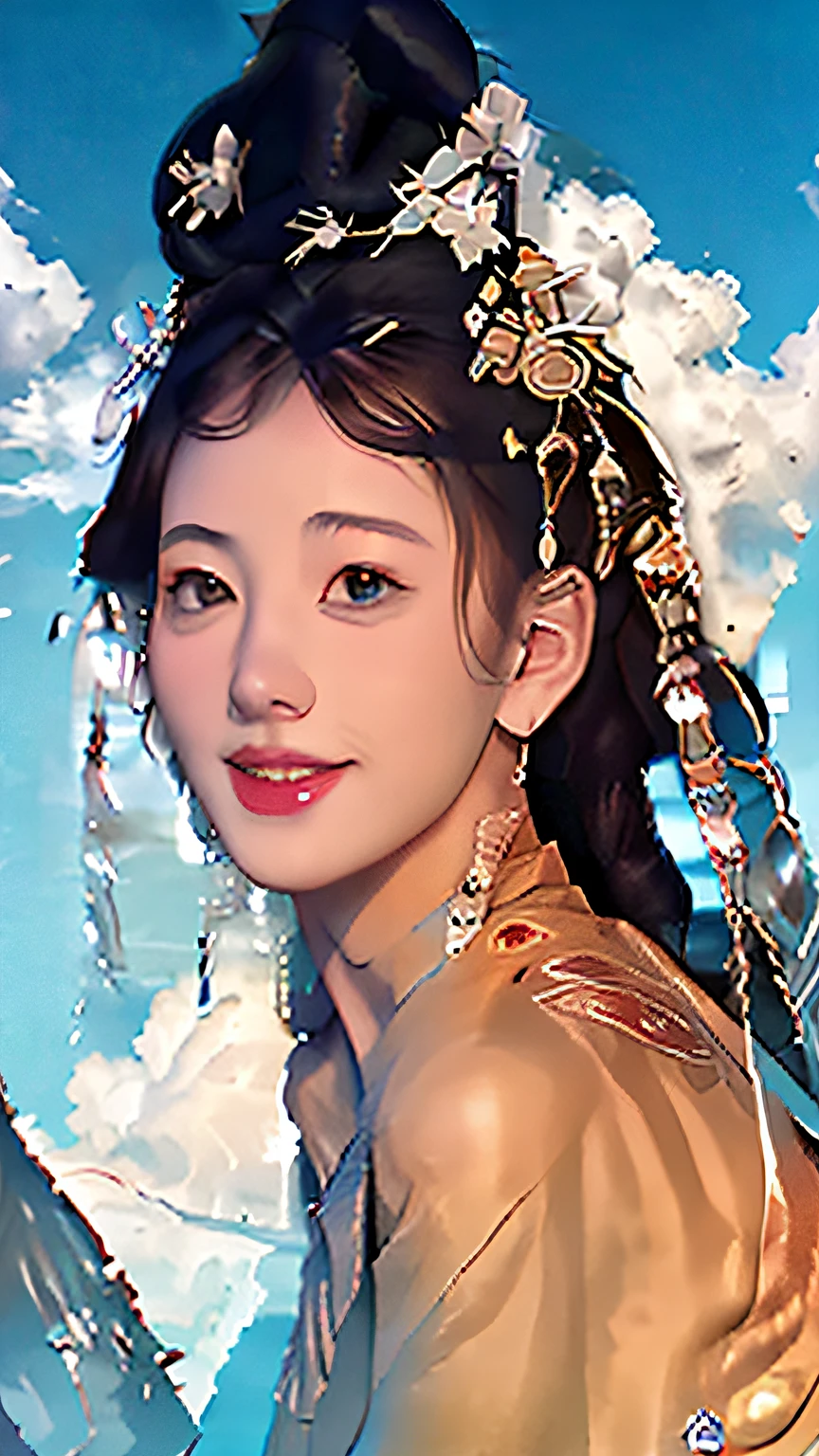 Best quality,masterpiece,ultra high res,(photorealistic:1.4),
Blue sky and white clouds,wind blow,Chinese architecture of the Song Dynasty,Cinematic lighting,
1girl,solo,real skin,clothes1beizi,hanfu,very long hair,huge breasts,double_bun,Chinese Song Dynasty elements,jewelry,long legs,light smile,