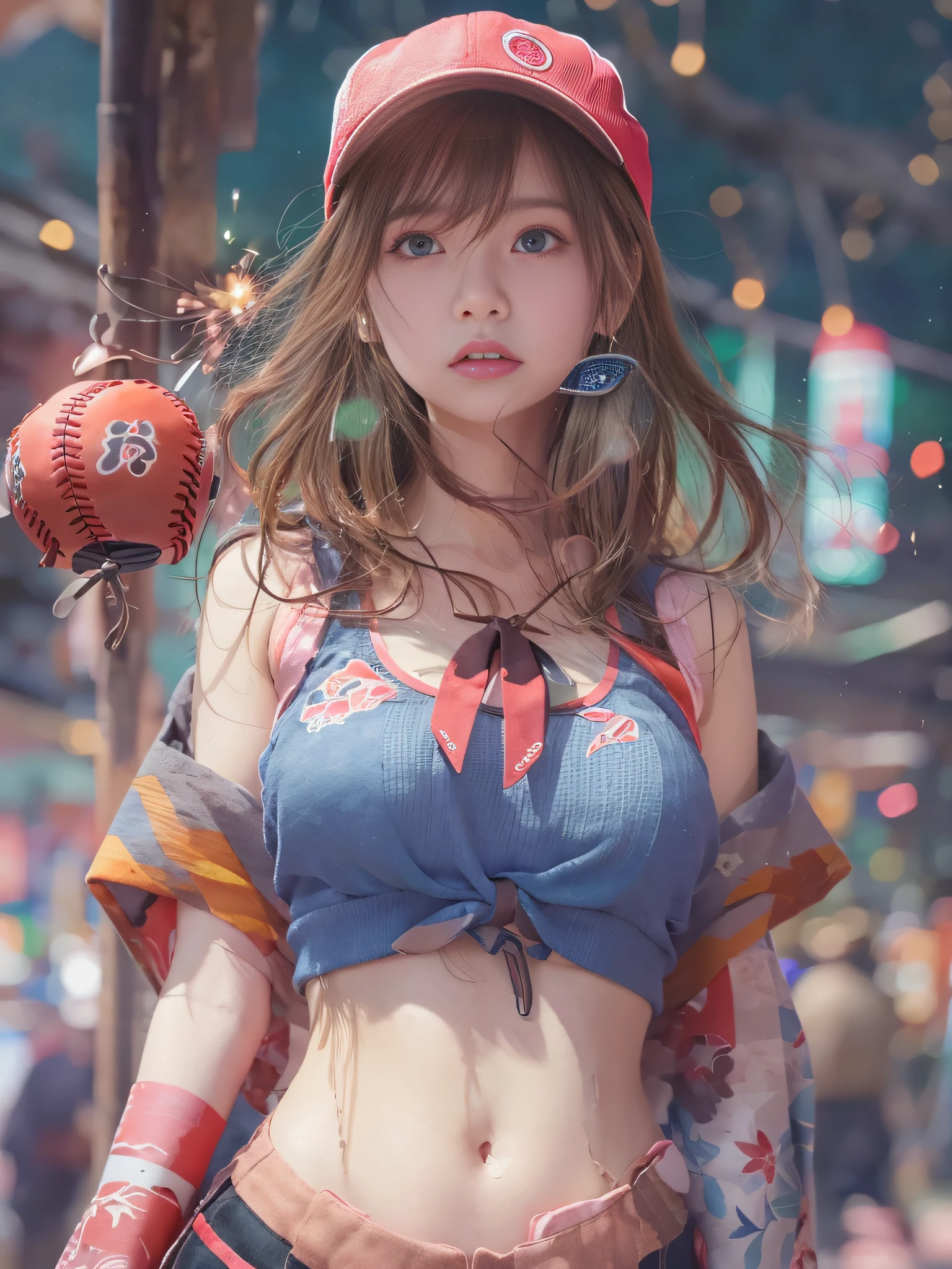 top-quality、​masterpiece、超A high resolution、(Photorealsitic:1.4)、Raw photo、Detailed CG image quality、(Fireworks Festival:1.4)、Beautiful fece、1girl in、japanes、27yo、(blue eyess:1.2)、pink lipsticks、laugh face、(Brown hair:1.4)、skin tanned、(Baseball Cap:1.4)、(Cropped tank top:1.4)、(The underbust is visible:1.4)、(Low-rise shorts:1.2)、Large bust、cleavage of the breast、detailed portrait、8K picture quality、concept-art、Cinematic and dramatic atmosphere、(Shrine of Japan:1.2)、(Japan red and white lanterns:1.2)、Wind chimes、(Festival flag,)、Paper decoration、foco nítido、Volumetric lighting、Cinematographic lighting、Colorful neon lighting、depth of fields、Ambient lighting、Blurred foreground、blurry backround:1.3、portlate