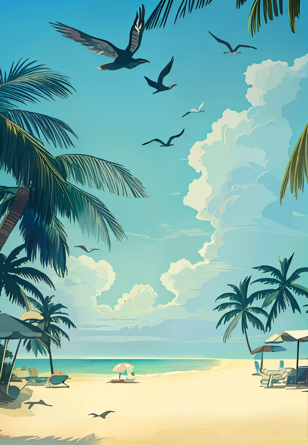 （the sea），blue-sky，baiyun，seagulls, （Big sandy beach）， Tropical beaches,  seaside backgroud, Sunnyday,  at a tropical beach, anime backgrounds,beach umbrella，