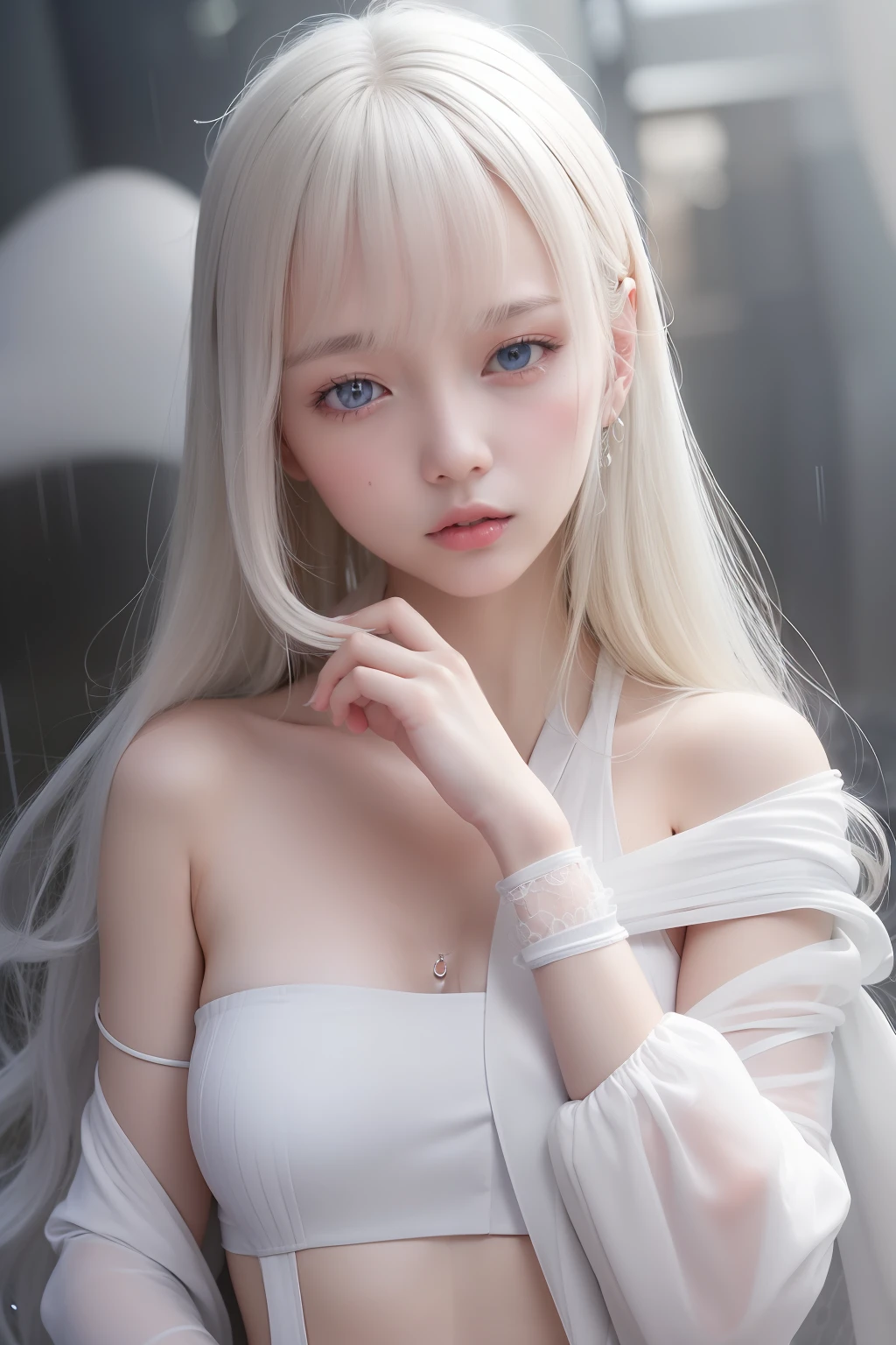 ((ciinematic light、top-quality、8K、​masterpiece:1.3))、1girl in、Beautiful woman with slender abs:1.4、(Ted gray hair)、seductive open lips、hyperdetailed face、A detailed eye、二重まぶた、Portrait of a girl、Photo of a cute Japanese woman、White hair、red-lips、top-quality, ​masterpiece, one shot, White hair, blue eyess, rainy street, rain drops, portraitures, Hair flapping, wet face, wetting hair, white  shirt, Oversized coat, medium shot、de pele branca、Real human skin、(A detailed face)、oval-face、pores、超A high resolution、女の子 1 人、Slimed、Highly detailed facial and skin texture