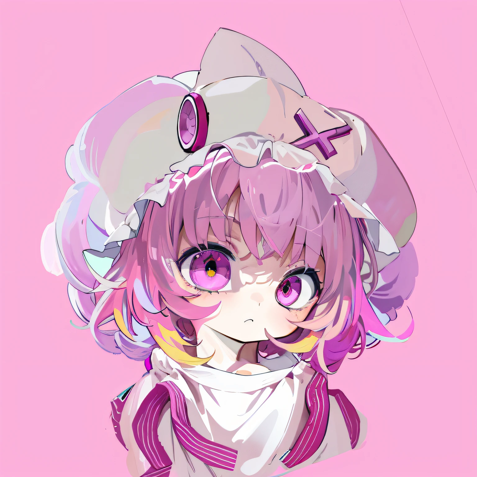 Anime girl with pink hair and white hat, anime moe art style, humanoid pink female squid girl, from touhou, shalltear from overlord, gapmoe yandere, big pink eyes, touhou character, anime art style, Anime Stylization, cute anime face, cute character, (Anime girl), made with anime painter studio, pink face