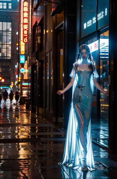 Translucent woman walking in the city