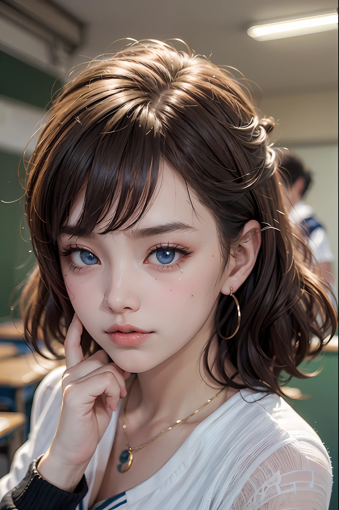 (masutepiece: 1.3), (max resolution: 1.2), (Ultra HDTV: 1.2), cinematric light, 8K resolution, Detailed eyes and skin, detailed facial features, , (Sharp Focus: 1.2）, (Focus on Face:1.2),Perfect Style, Beautiful face, acurate, Anatomically correct, Highly detailed face and skin texture, Detailed eyes, Double eyelids, Thin eyebrows, Glitter Eyeliner: 1 Natural cheeks, Glossy skin, Fair skin: 1.2, (Glossy lips: 1.4),、 (Shy look: 1.2),Highly detailed facial and skin texture, Detailed eyes, Double eyelids, Natural cheeks, , shiny lips: 1.4,Exposed cleavage、（A large amount of sperm in the chest:1.4）（Large amount of sperm in the thighs:1.2）、 red blush、humiliated、impatience、dismay、Frightened、glares、Tears、embarrassed from、Open knees、open one's legs、rub one's breasts、（Masturbation behavior:1.6）、rubbing the genitals with fingers,,,,,,,,,,White underwear、White bra、Shiny little earrings and necklaces、Disheveled clothes、Dressing、Exposed panties、Wearing sweat、sodden、Sheer underwear、Full body like、 18year old, Neat and clean woman  , upturned breasts,sit on desk, After-school classroom、Blue ash eyes,(High School Uniform:1.6)、