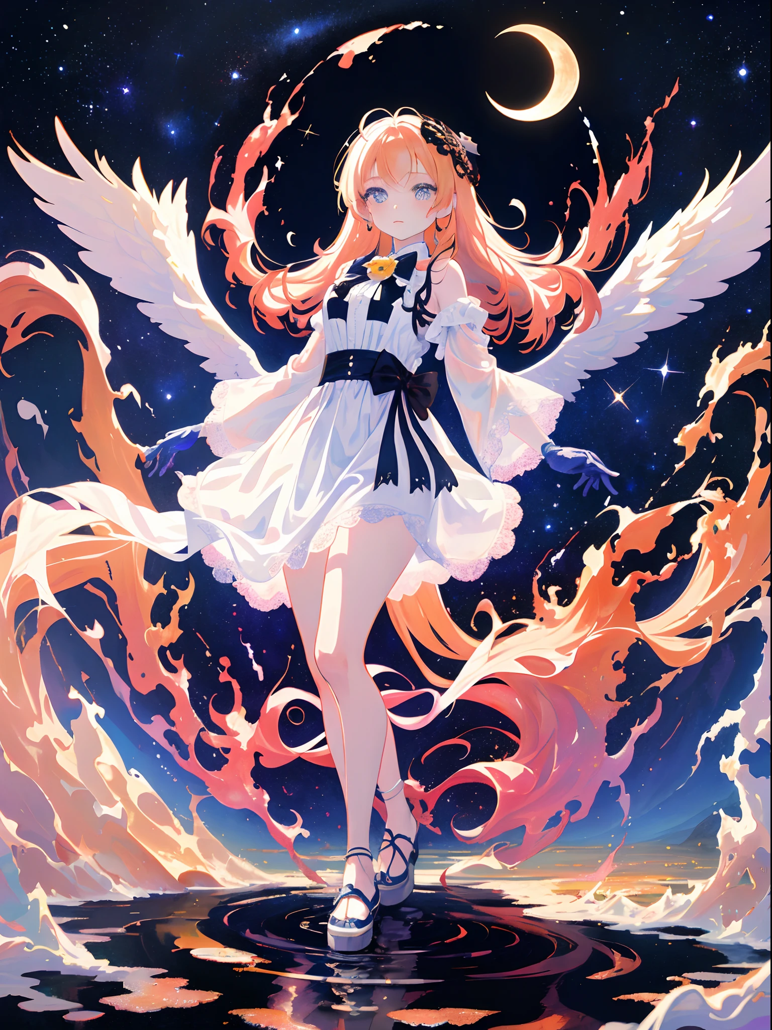 [(white background:1.5),::5] (isometric:1.0),(( wide shot, full body)),//1 girl, dressed elegantly in a white dress with lace, transparency, white gloves, kawaii rpg, official art, gacha banner, the background is the night sky full of stars shining on the milkyway, moon, long flowing hair, galaxy eyes, dust particles, best shadows and lighting, gacha splash art,